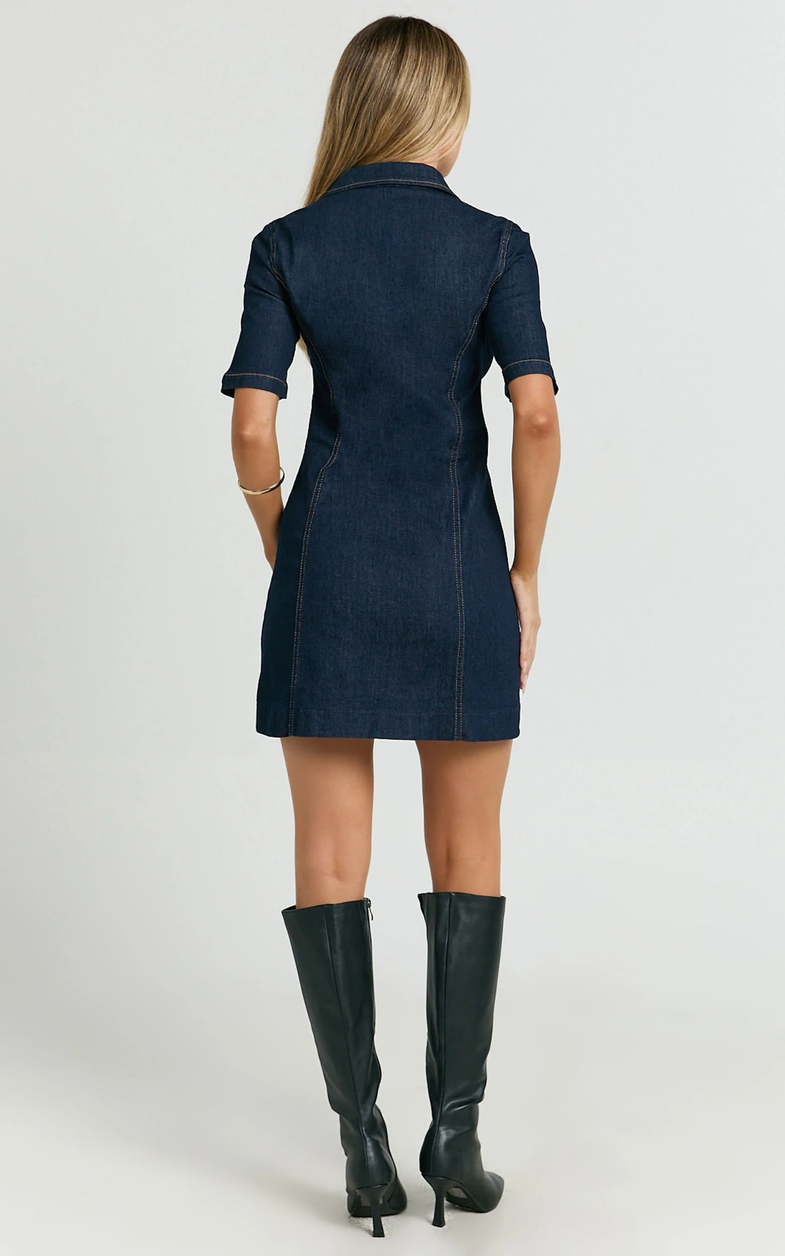 Tessie Mini Dress - Zip Front Collared Denim Mini Dress in Rinse Blue