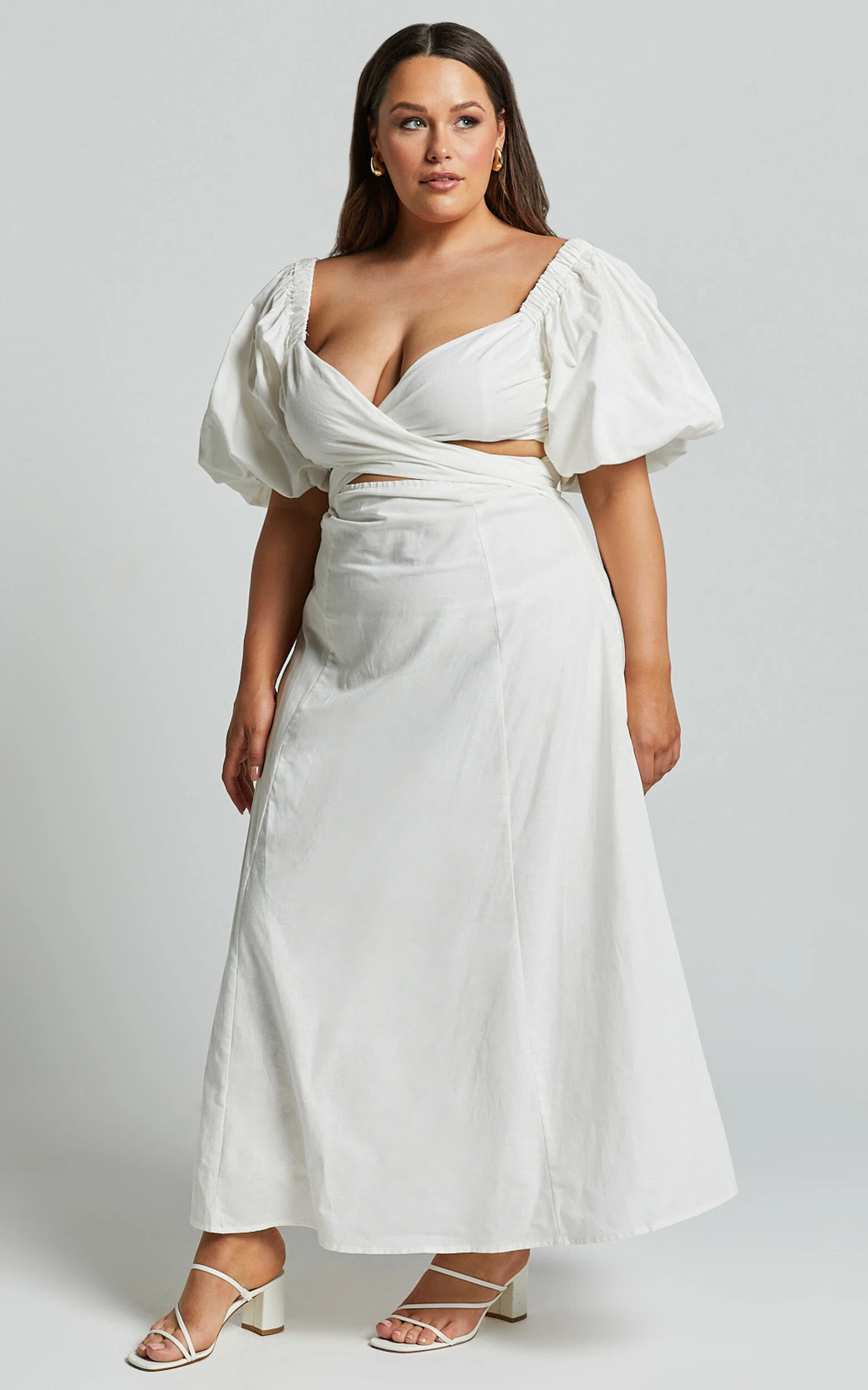 Amalie The Label - Janae Linen Blend Puff Sleeve Cut Out Midi Dress in White