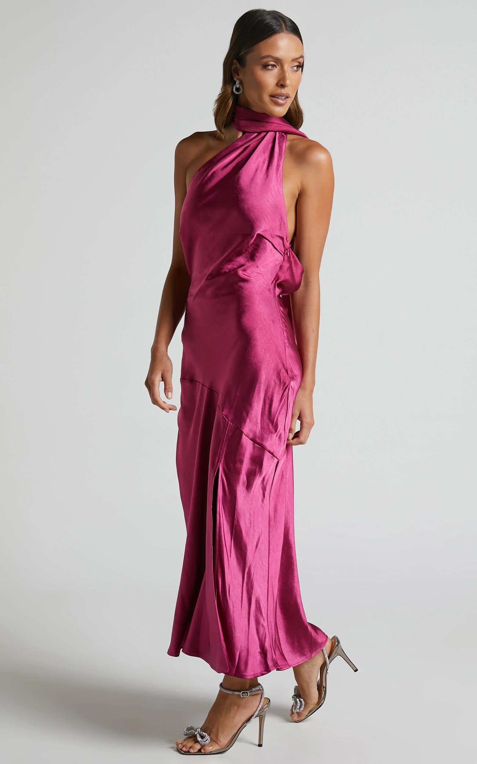 Evana Midi Dress - High Asymmetrical Neck Satin Slip Dress in FUSCHIA