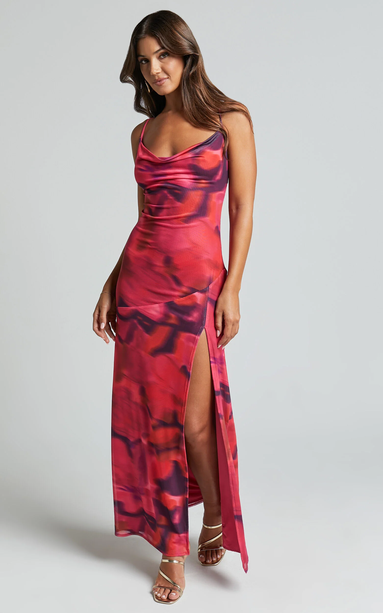 Lula Maxi Dress - Cowl Neck Thigh Split Dress in Adeana Print