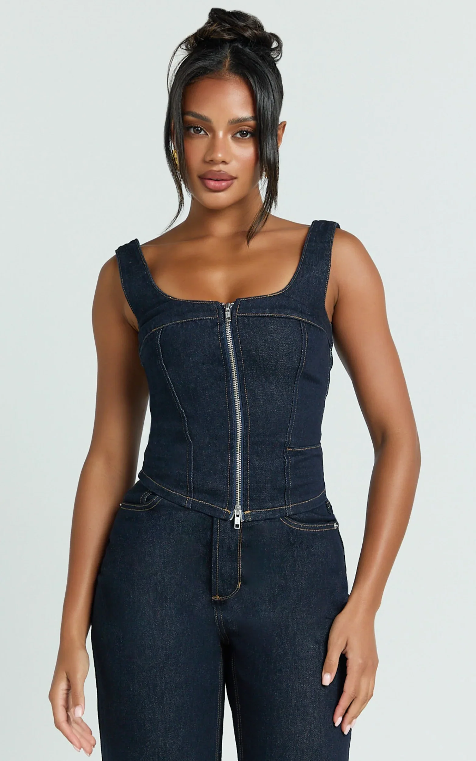 Bellerose Top - Front Zip Denim Fitted Top in Raw Denim with Tobacco Stitch