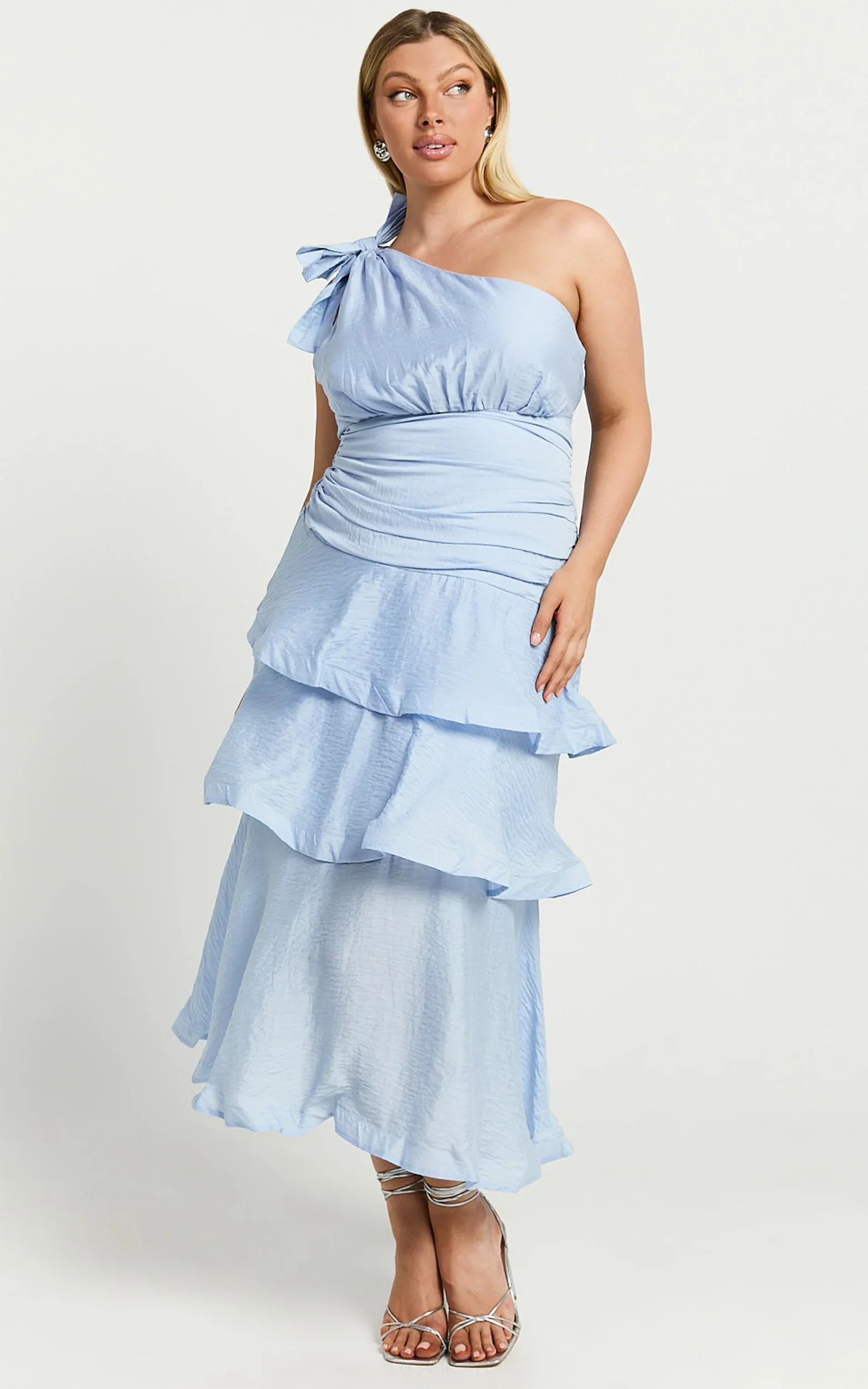 Eugenia Midi Dress - One Shoulder Fit and Flare Layered Dress in Pale Blue