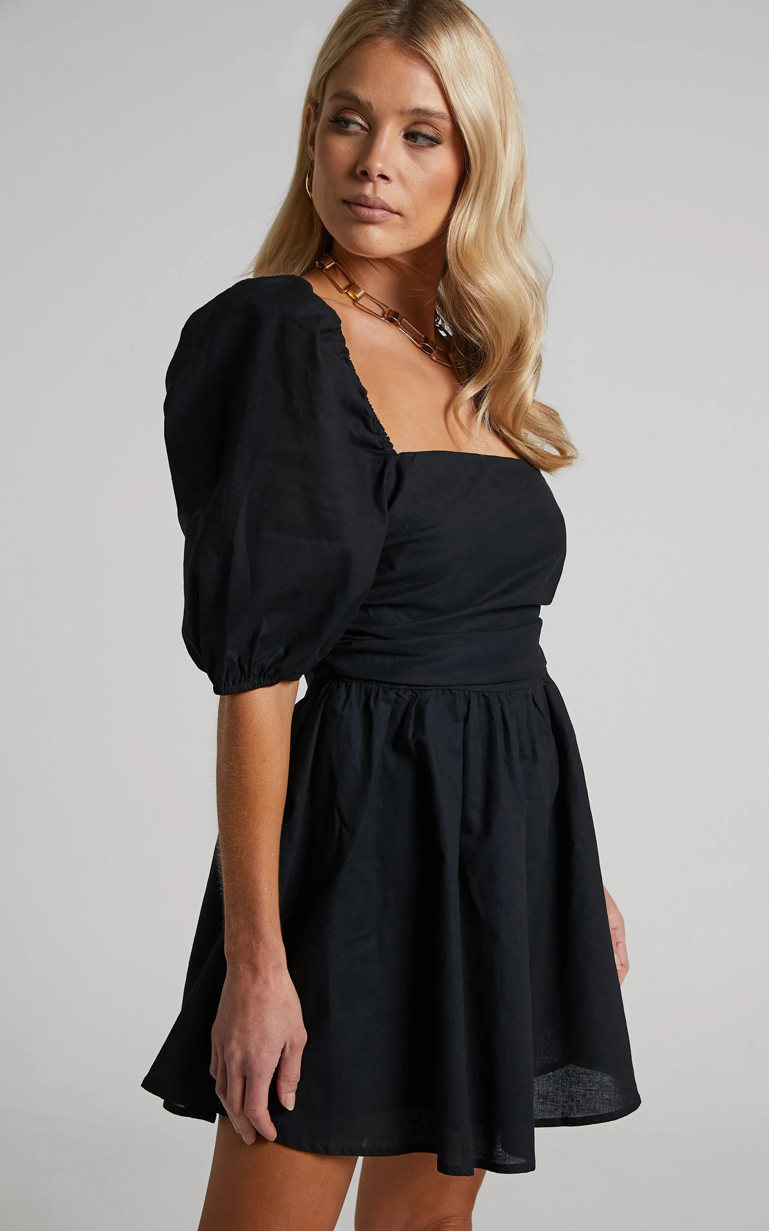 Claudina Mini Dress - Linen Look Puff Sleeve Ruched Bodice Dress in Black
