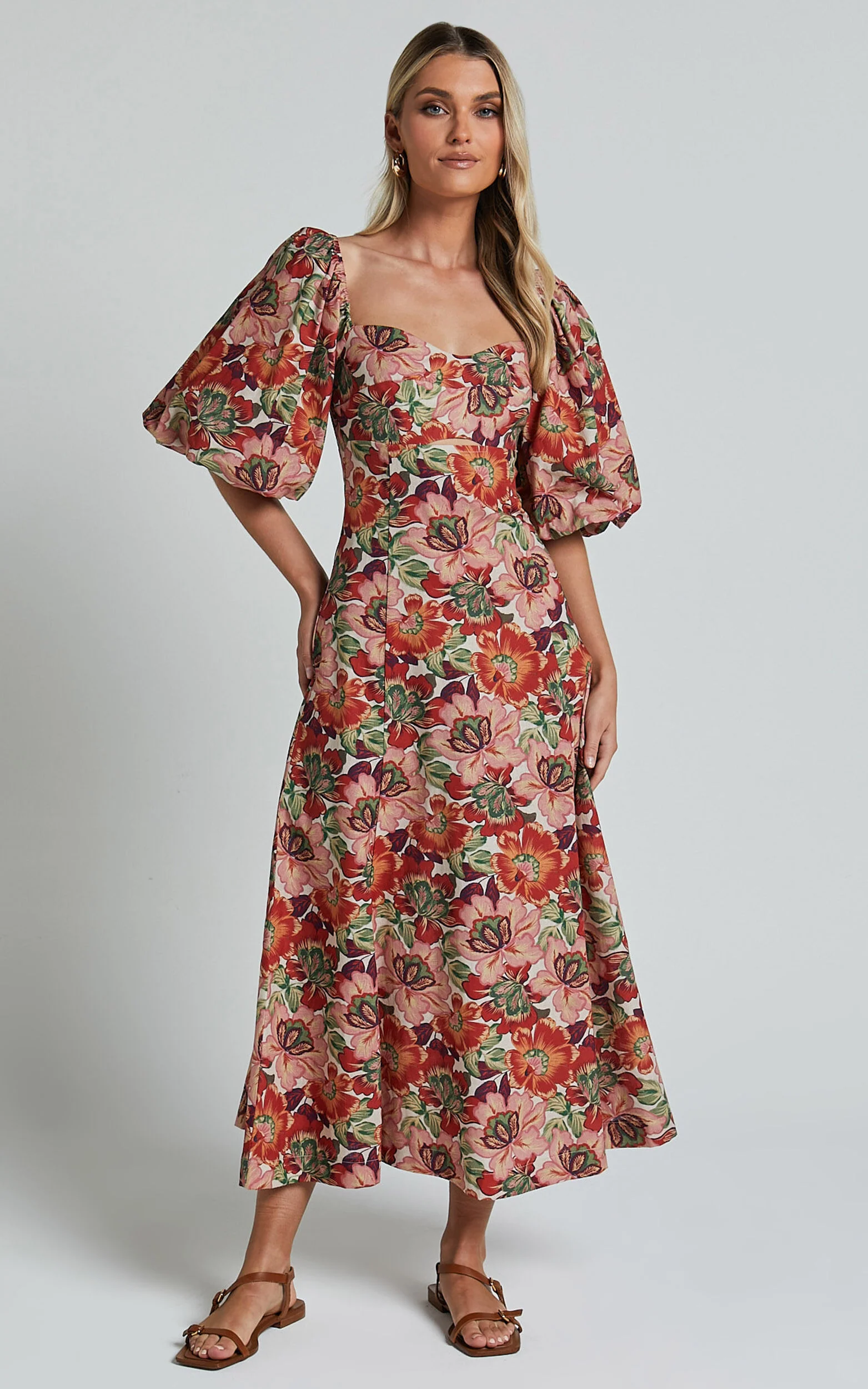 Amalie The Label - Catalina Linen Blend Sweetheart Balloon Sleeve Midi Dress in Musee Print