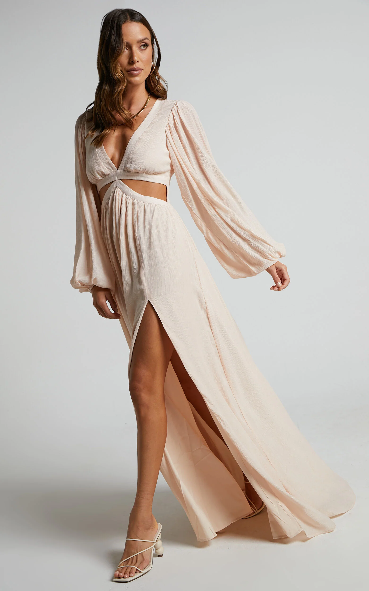 Paige Maxi Dress - Side Cut Out Balloon Sleeve Dress in Neutral