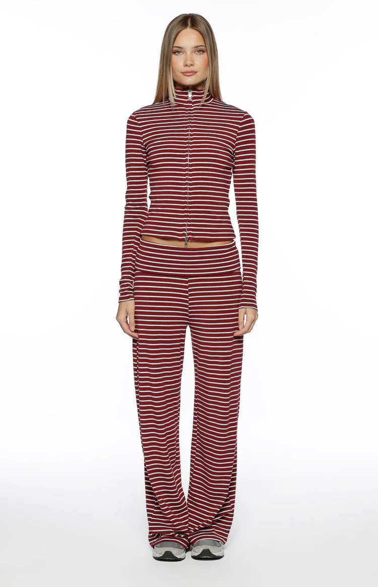 Poppi Burgundy Stripe Double Zip Sweater