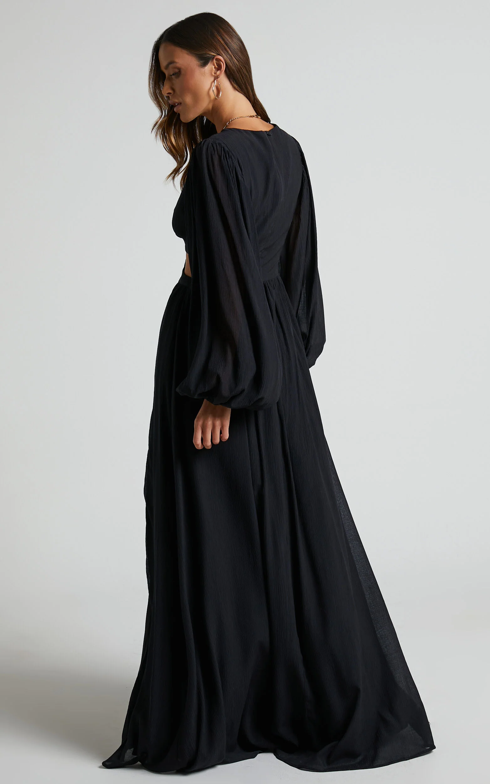 Paige Maxi Dress - Side Cut Out Balloon Sleeve Dress in Black