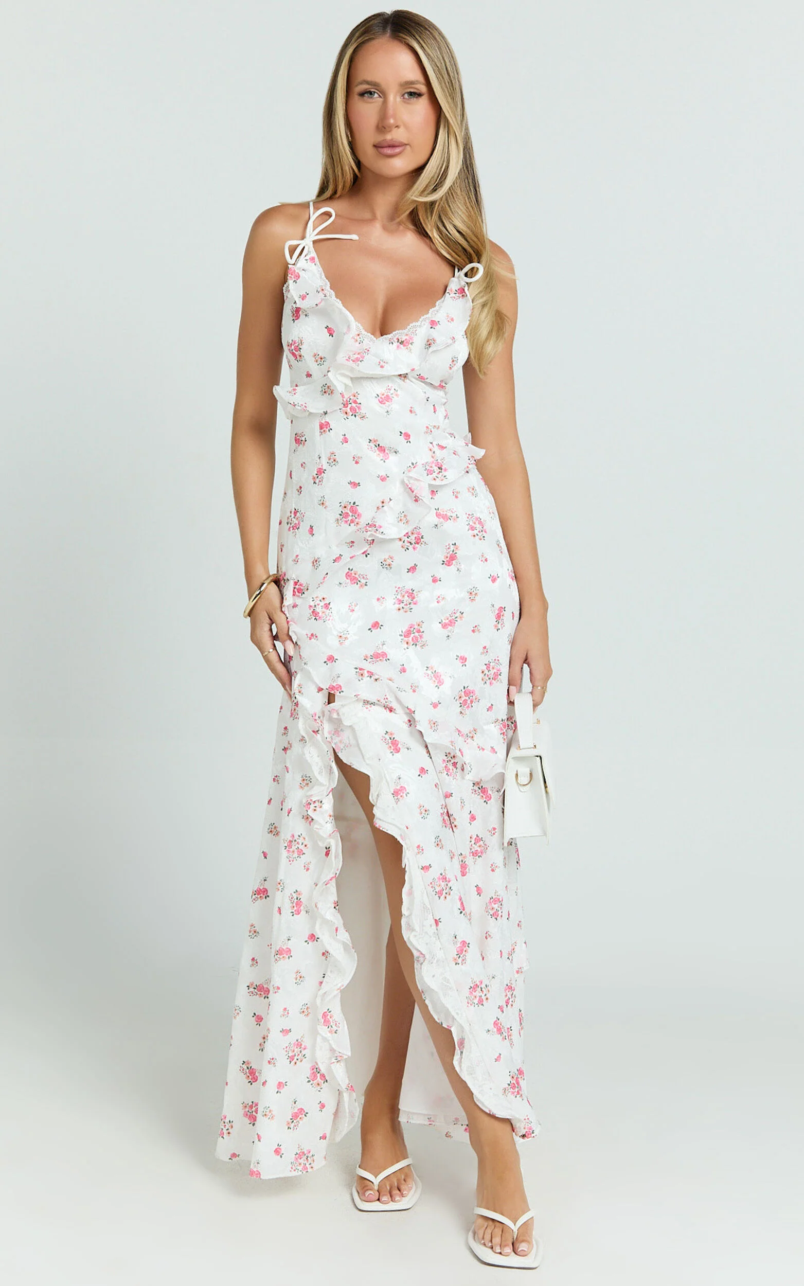 Justine Maxi Dress - Jacquard V Neck Tiered Lace Trim Dress in Romantic Ditsy Print