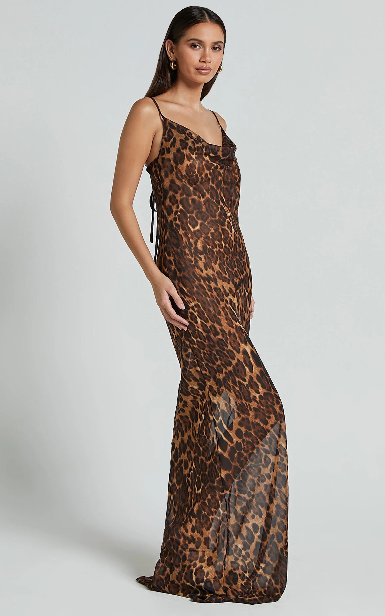 Hilary Maxi Dress - Sheer Cowl Neck Slip Dress in Leopard