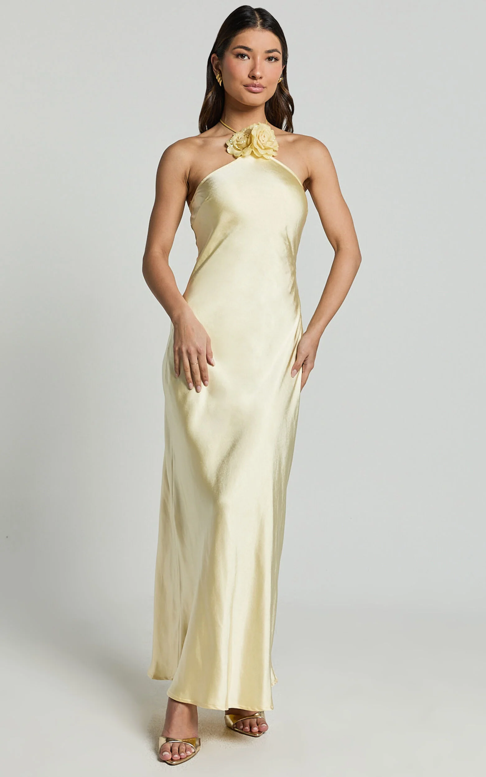 Keithy Midi Dress - Rosette Halter Neck Slip Dress in Lemon