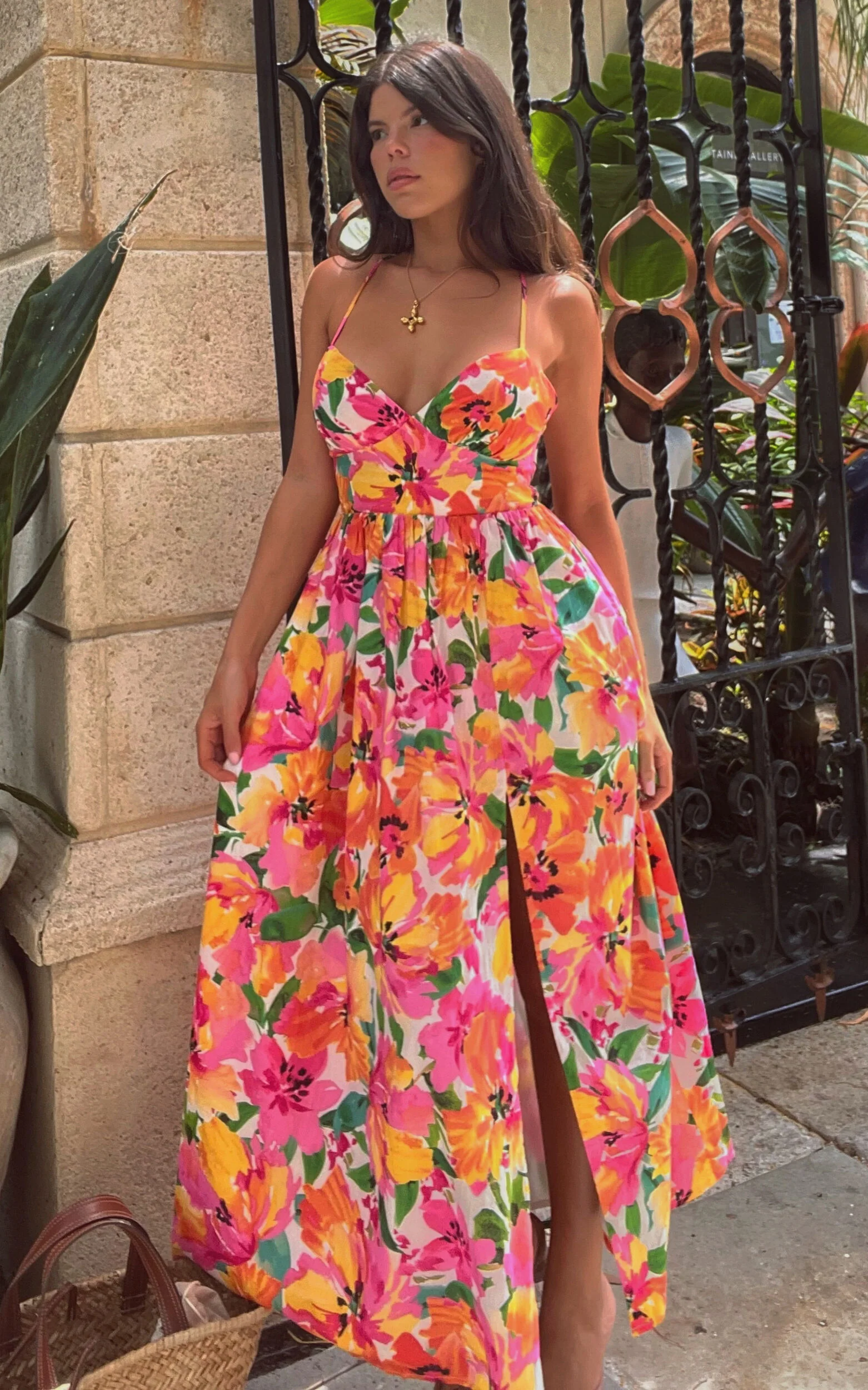 Shairah Midi Dress - Cross Back Gathered Sweetheart Dress in Bloom