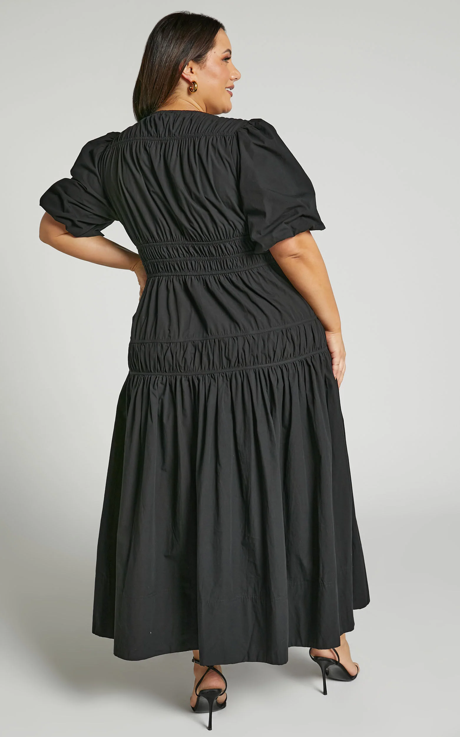 Mellie Midi Dress - Puff Sleeve Plunge Tiered Dress in Black