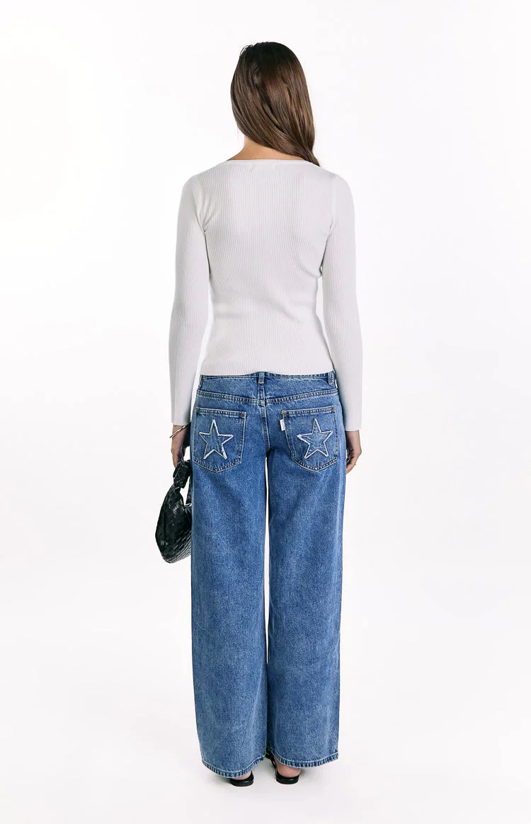 Kippy White Ribbed Knit Button Up Long Sleeve Sweater