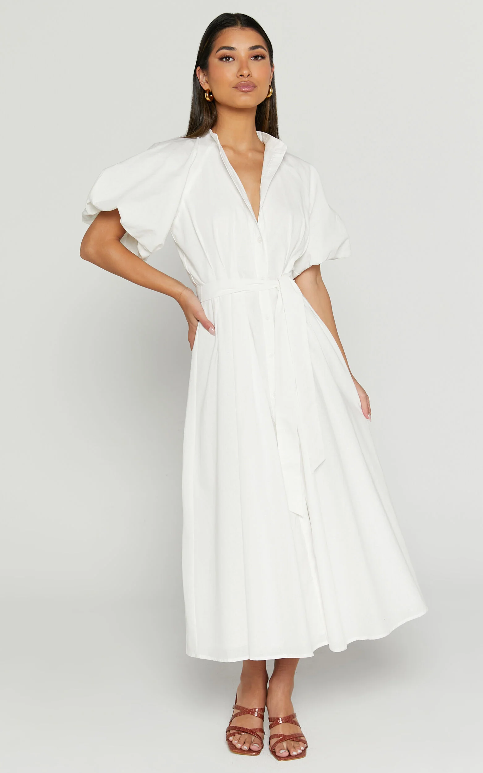 Sabrina Midi Dress - Linen Raglan Sleeve Belted Dress in White