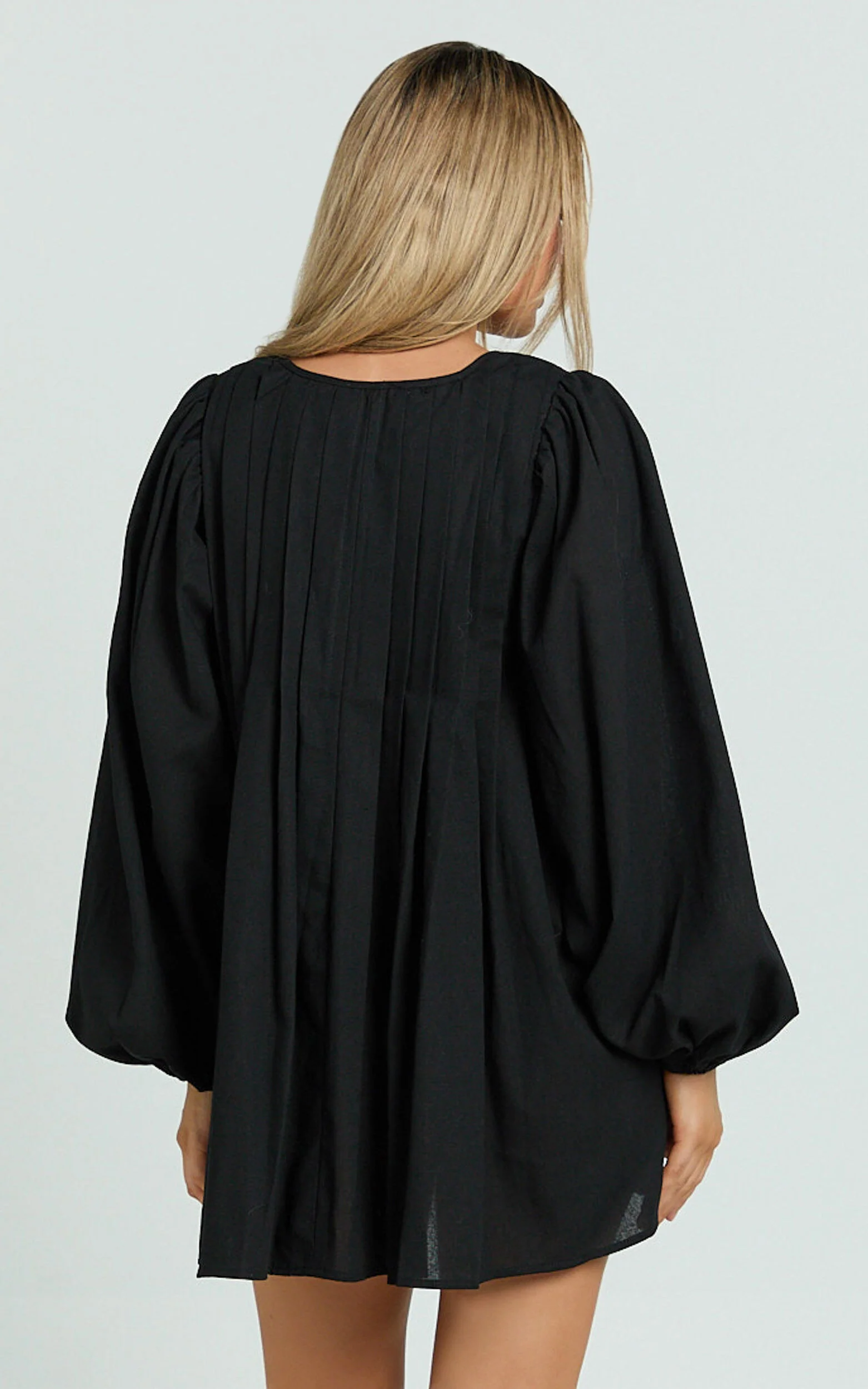 Suzette Mini Dress - High Neck Tie Front Long Sleeve Pleat Front Babydoll Dress in Black