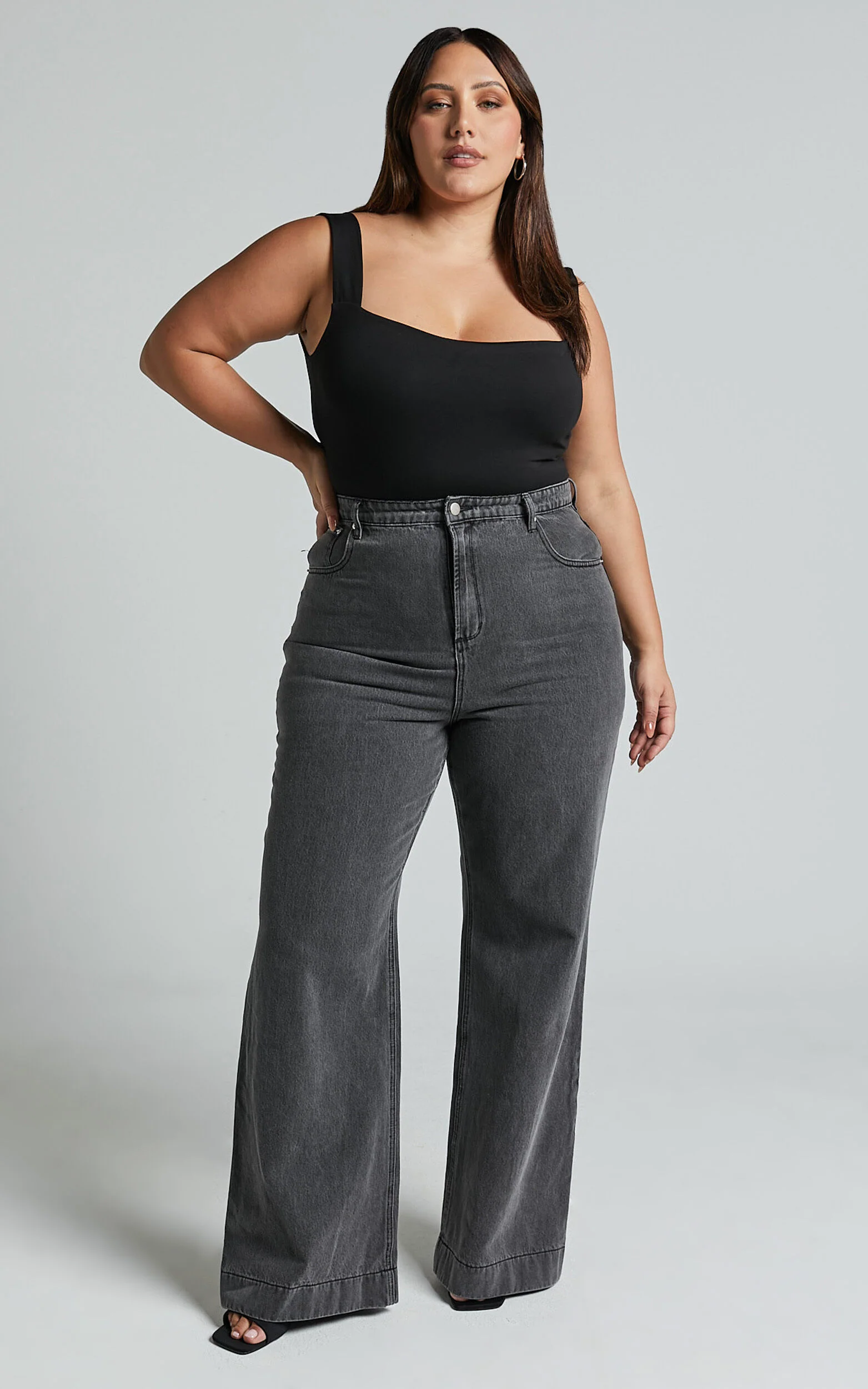 Emman Jeans - High Waisted Cotton Wide Leg Denim Jeans in Washed Black