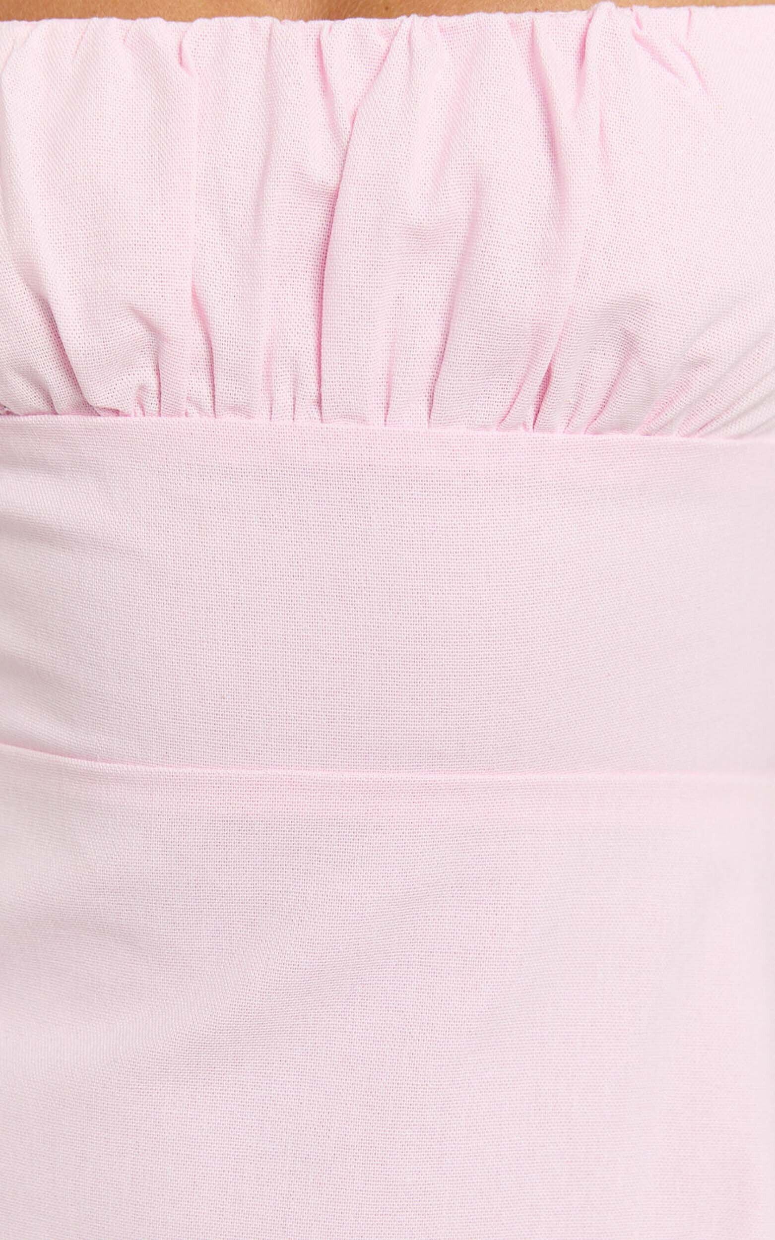 Ginny Mini Dress - Square Neck Ruched Bodice Puff Sleeve Straight Dress in Pink