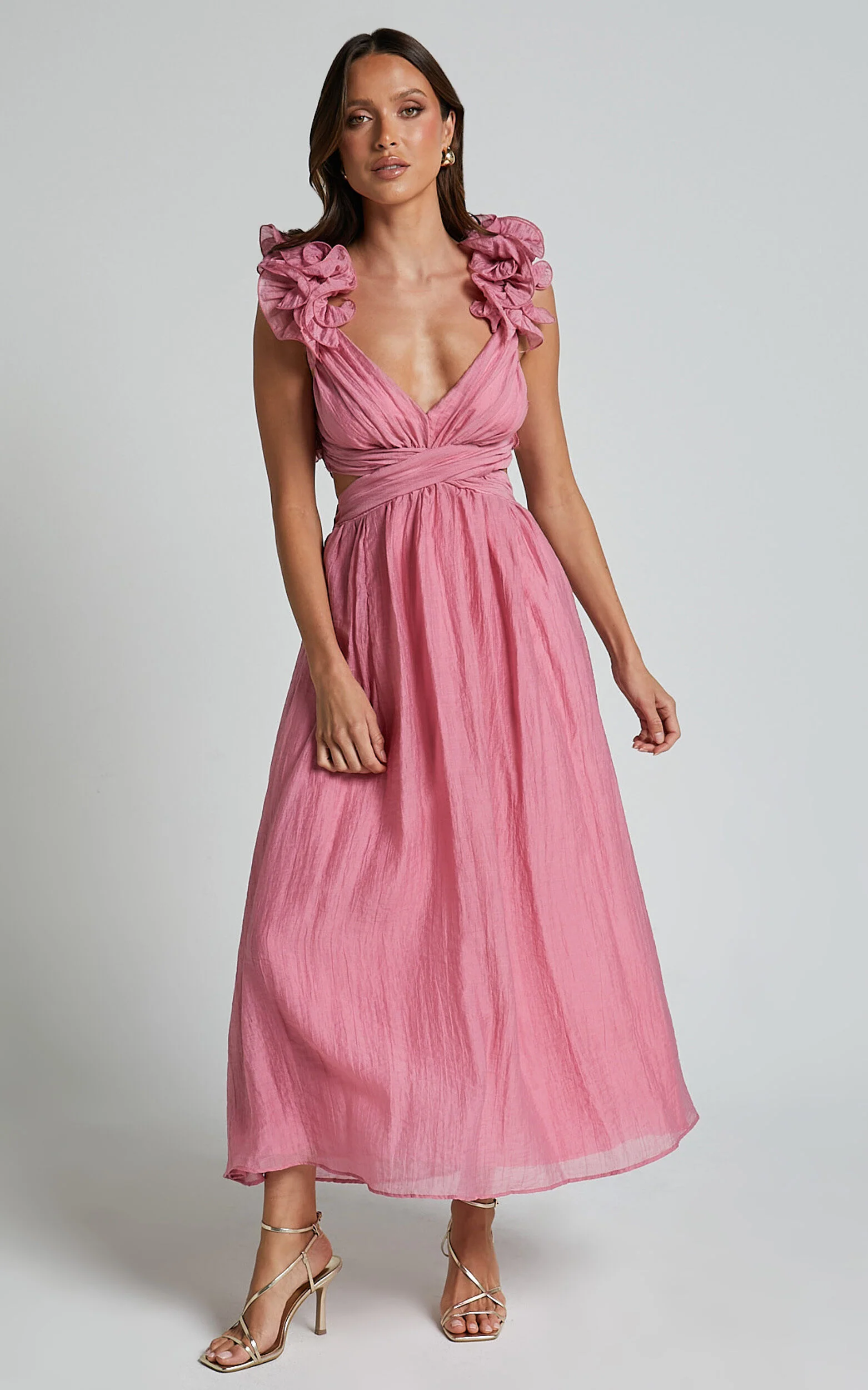 Marielly Midi Dress - Side Cut Out V Neck Ruffle Detail Sleeve Dress in Pink