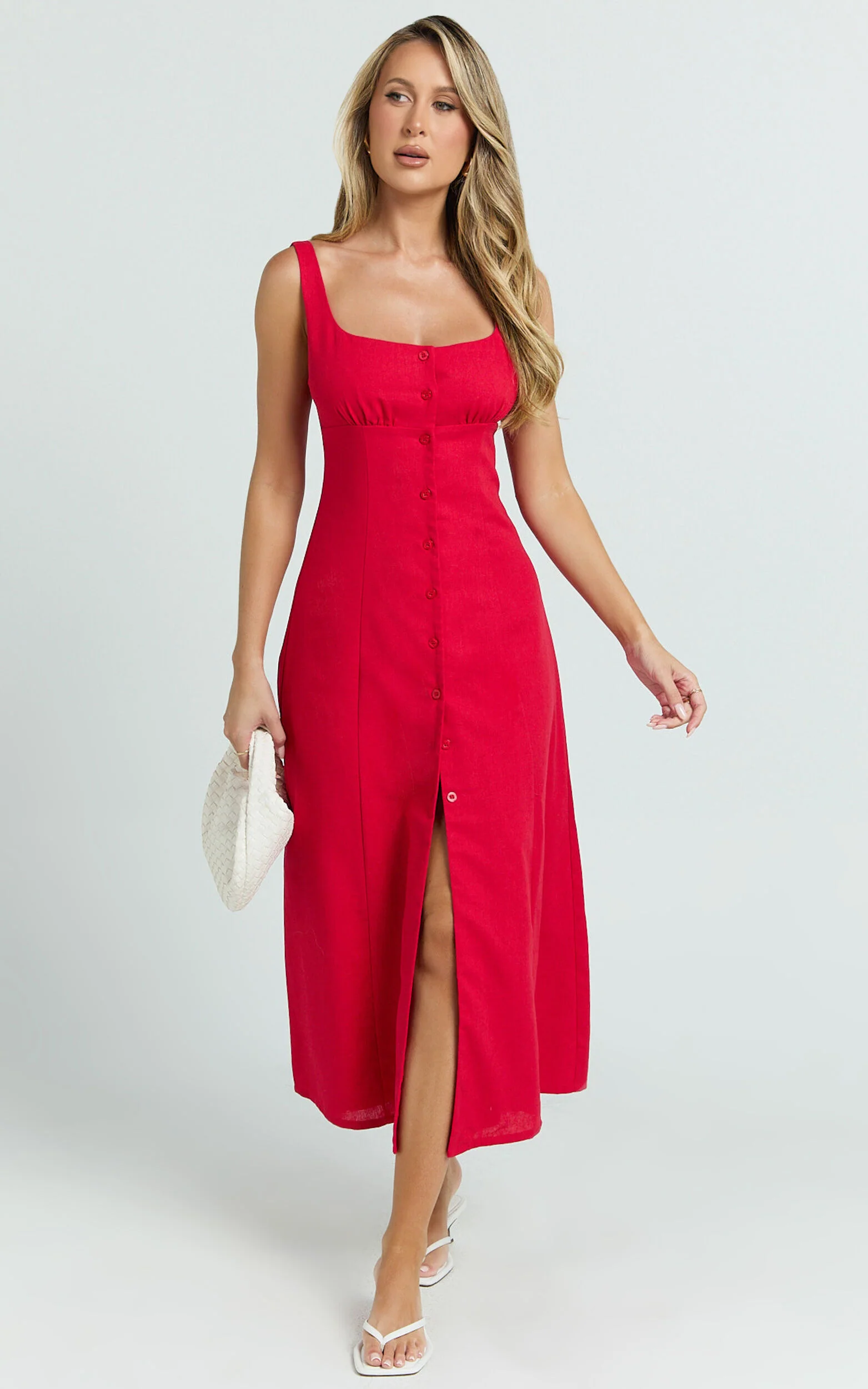 Cameron Midi Dress - Button Front Tie Back Dress in Red