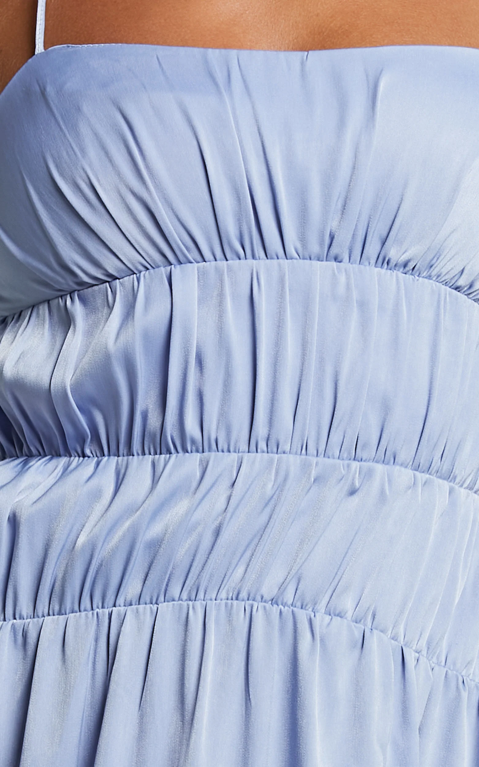 Callie Midi Dress - Satin Gathered Bust Detail Dress in Blue