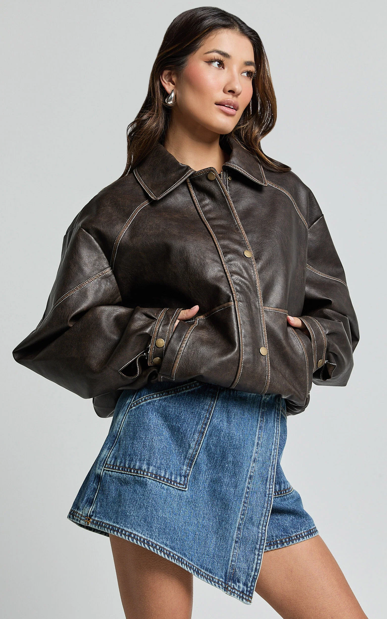 Gail Jacket - Faux Leather Bomber Jacket in Washed Brown