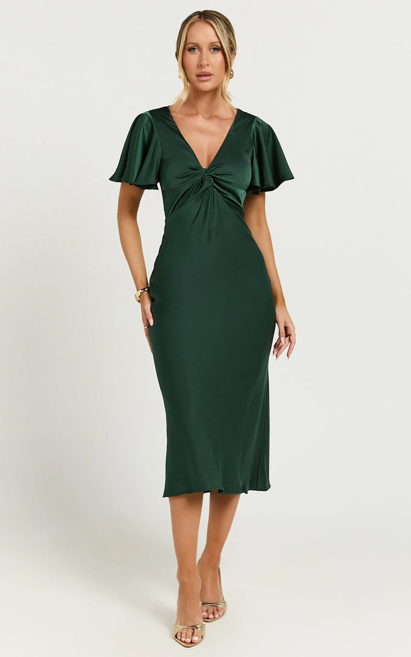 Amartina Midi Dress - V Neck Twist Bodice Flutter Sleeve Dress in Forest Green