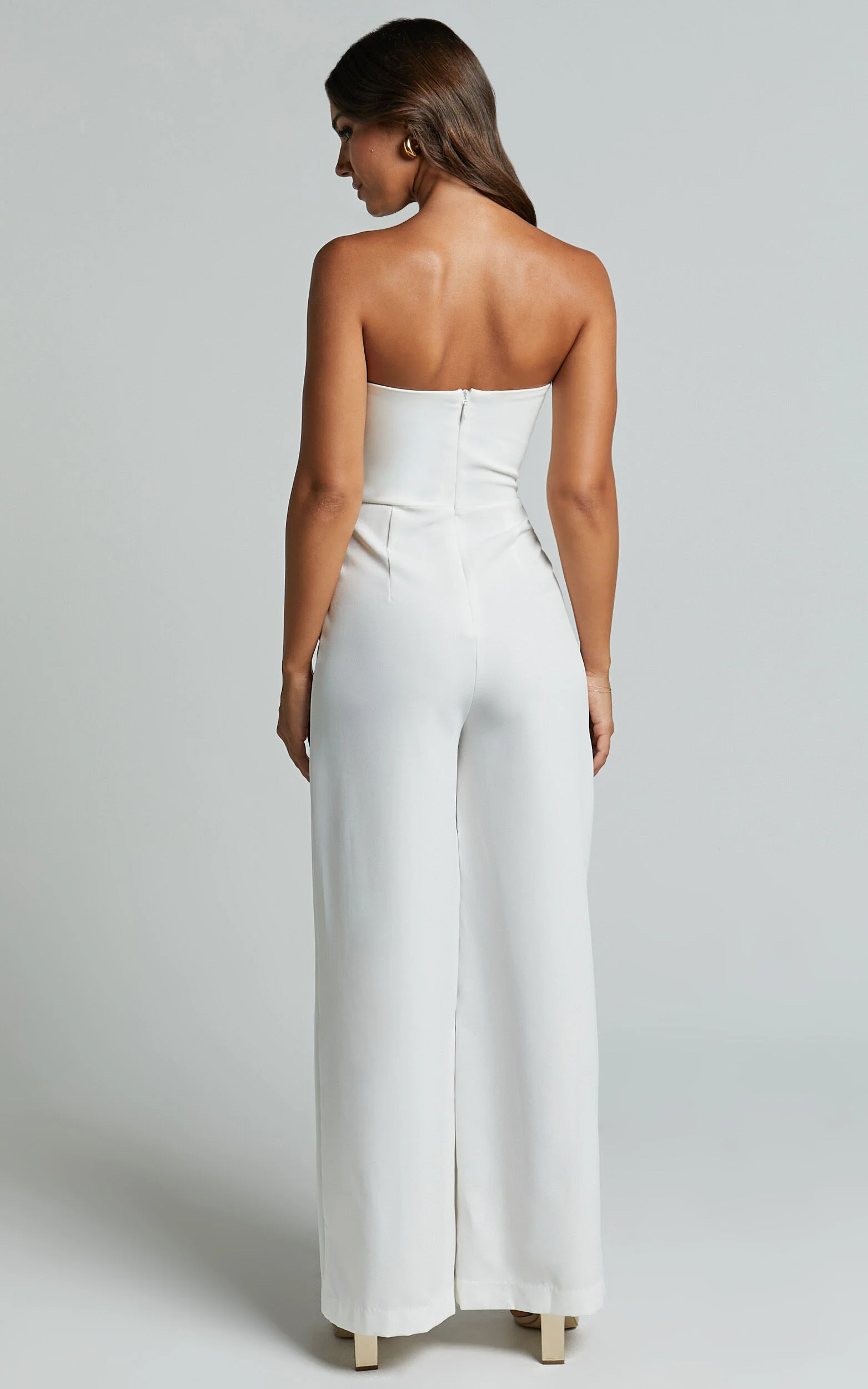 Stacey Jumpsuit - Strapless Cowl Wide Leg Jumpsuit in Off White