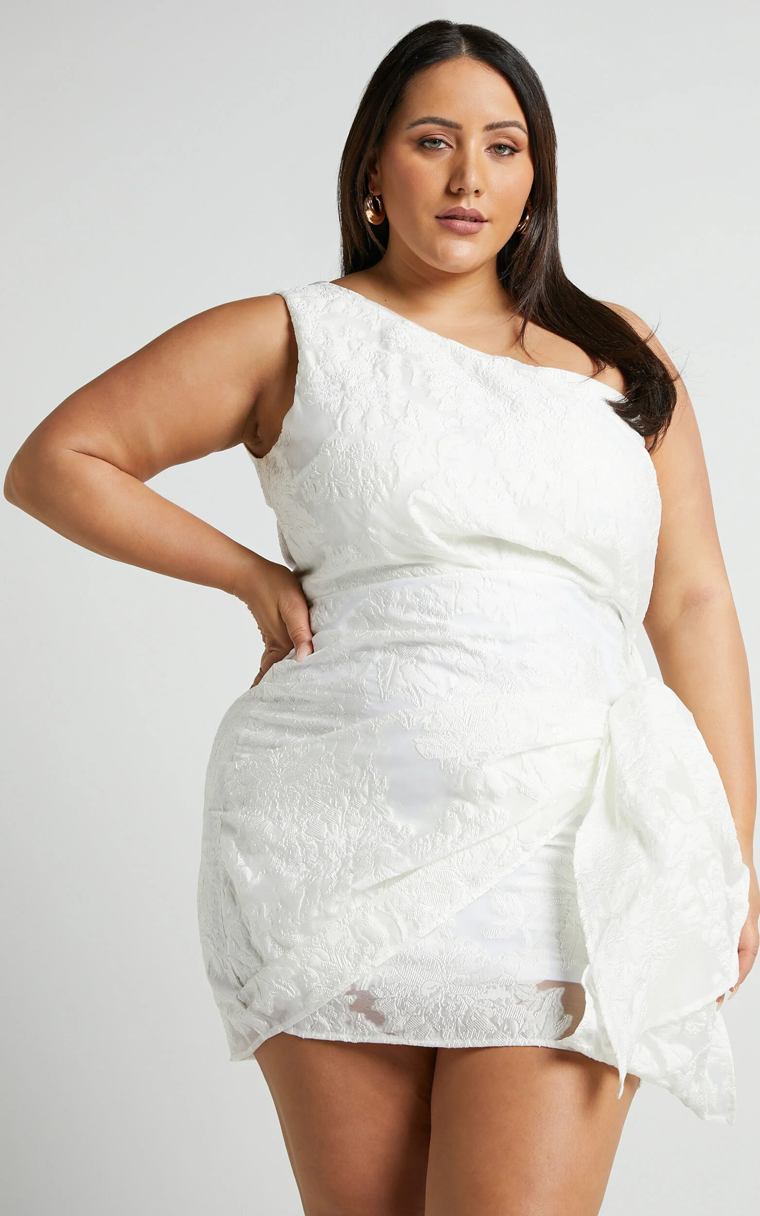 Brailey Mini Dress - One Shoulder Wrap Front Dress in White Jacquard