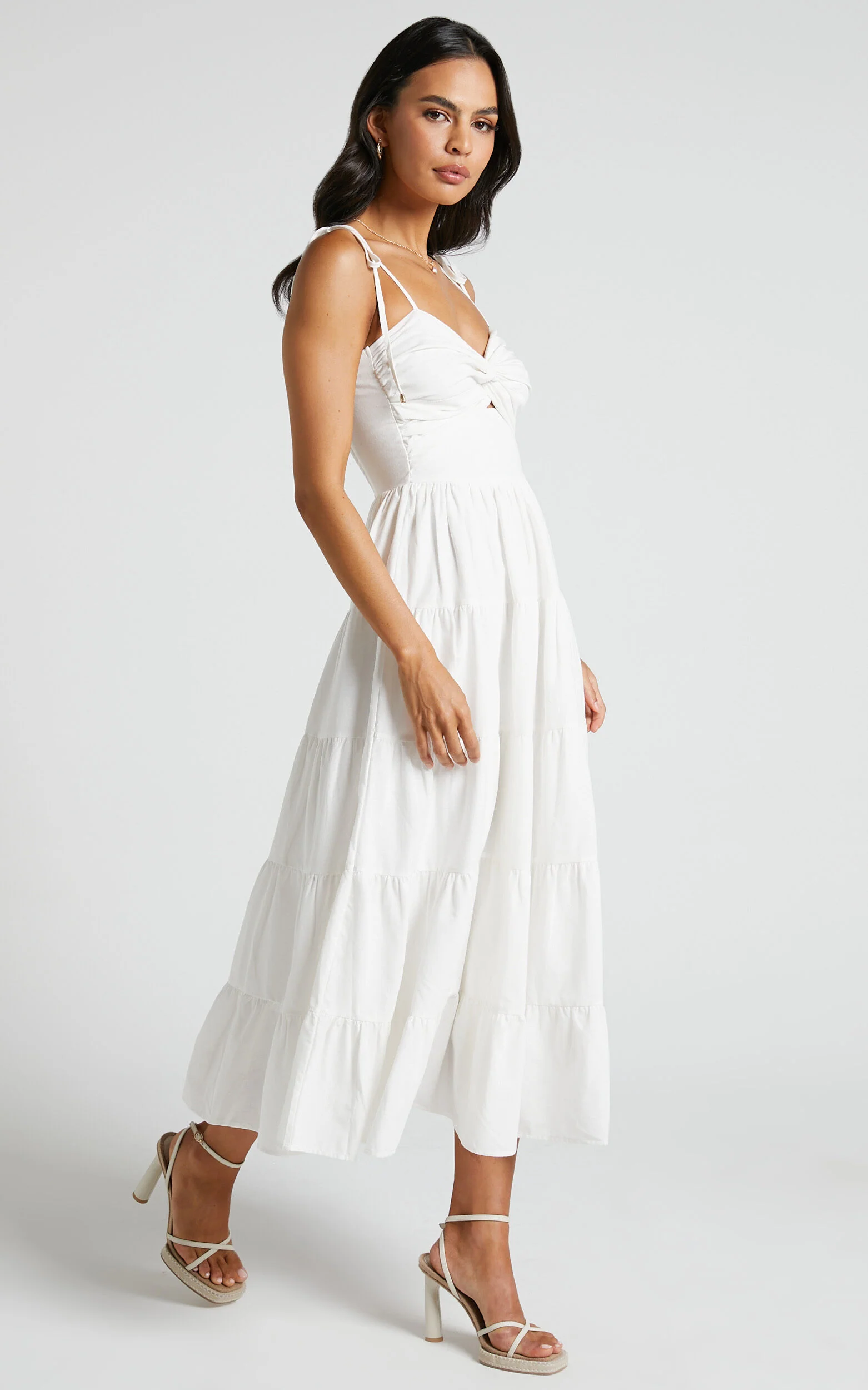 Leticia Midi Dress - Twist Front Tie Strap Tiered Dress in Off White
