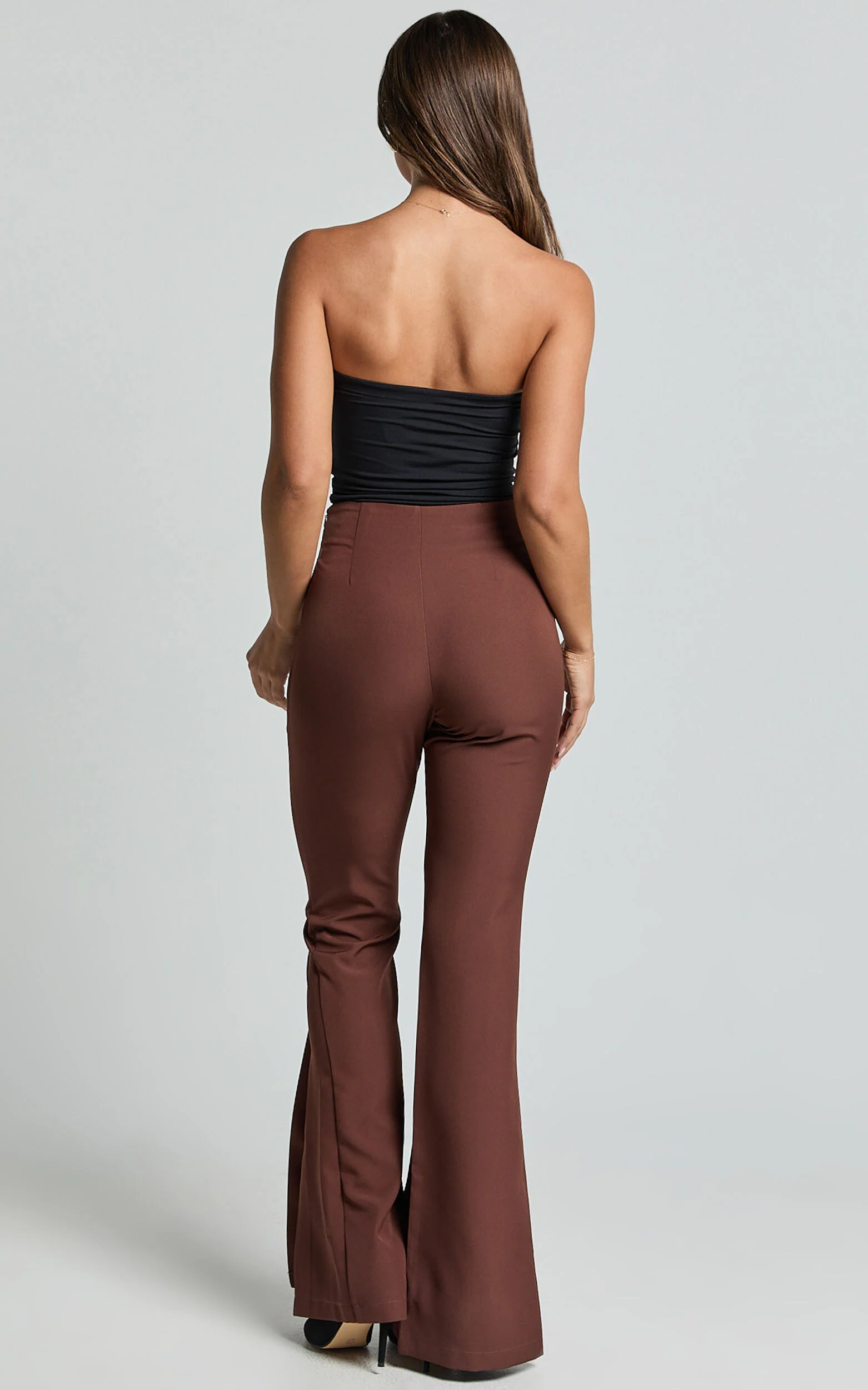 Volta Pants - Front High Waisted Split Boot Leg Kick Out Pants in Chocolate