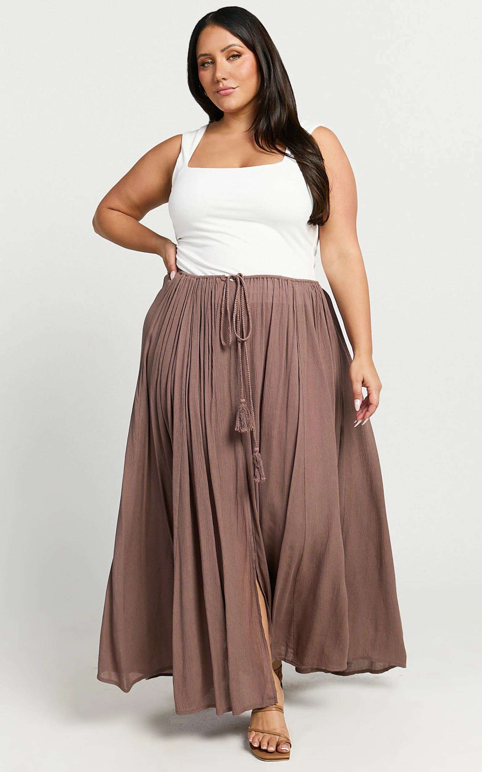Under The Twilight Maxi Skirt - Thigh Split Skirt in Taupe