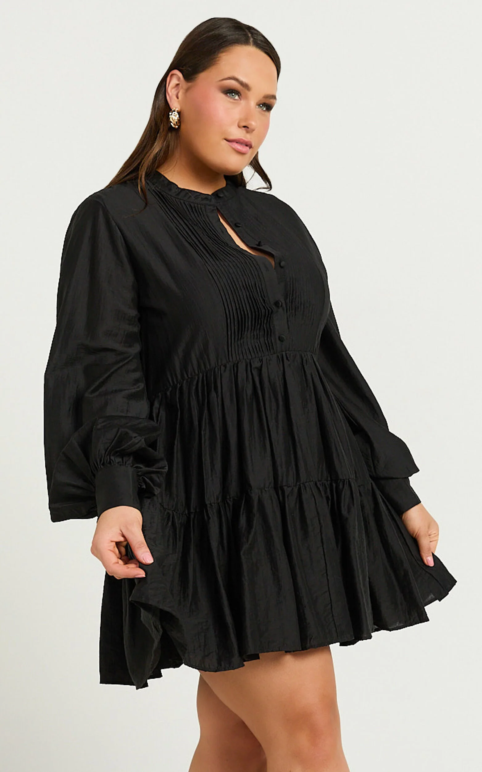 Kyra Mini Dress - Pin Tuck Detail Tiered Shirt Dress in Black