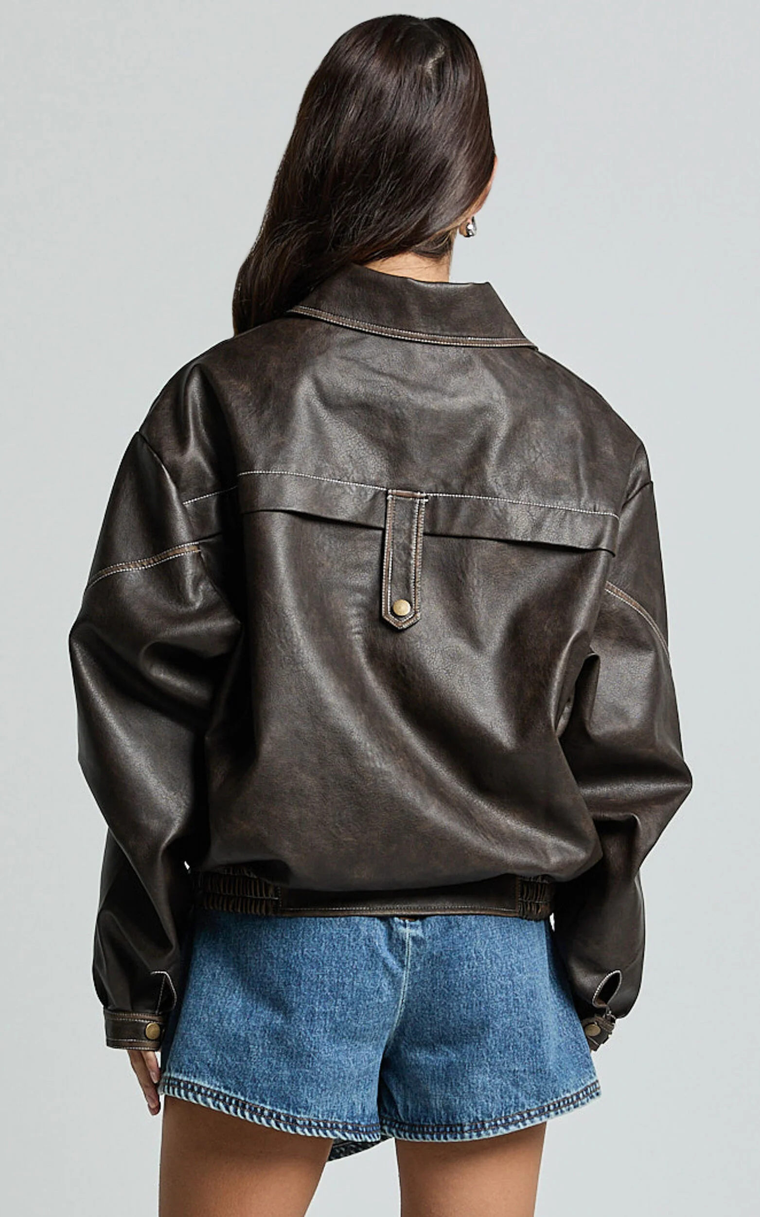 Gail Jacket - Faux Leather Bomber Jacket in Washed Brown
