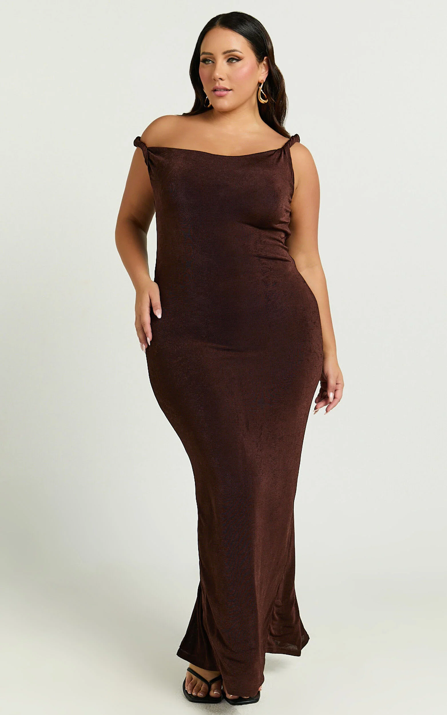 Isabel Midi Dress - Twist Off Shoulder Bodycon Dress in Chocolate
