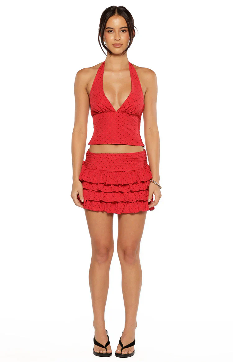 Beau Red Chiffon Polka Dot Mini Skirt