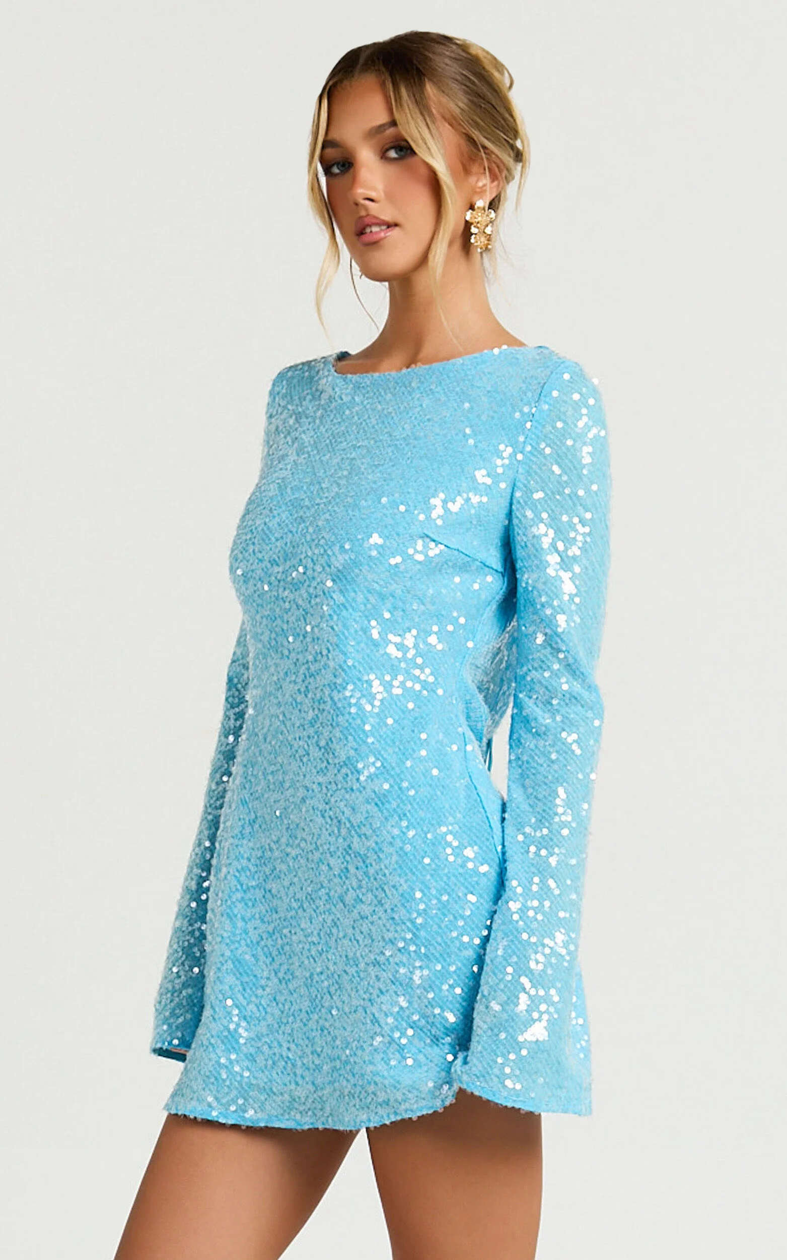 Bertina Mini Dress - Sequin Scoop Neck Low Back Dress in Blue