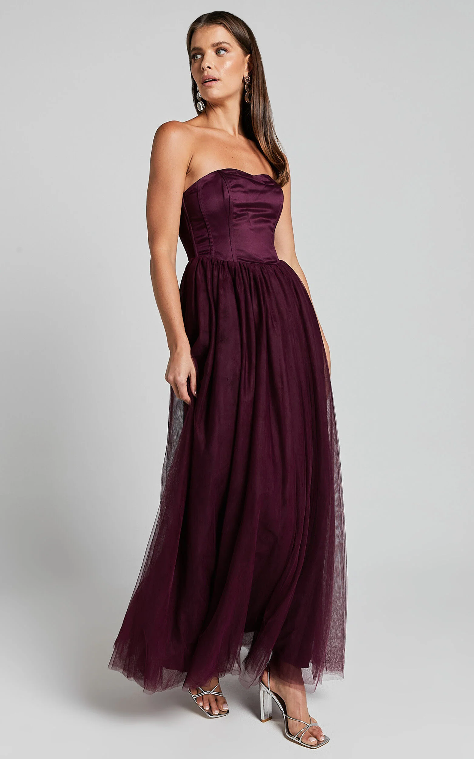 Gemma Maxi Dress - Strapless Sweetheart Tulle Fit & Flare in Aubergine
