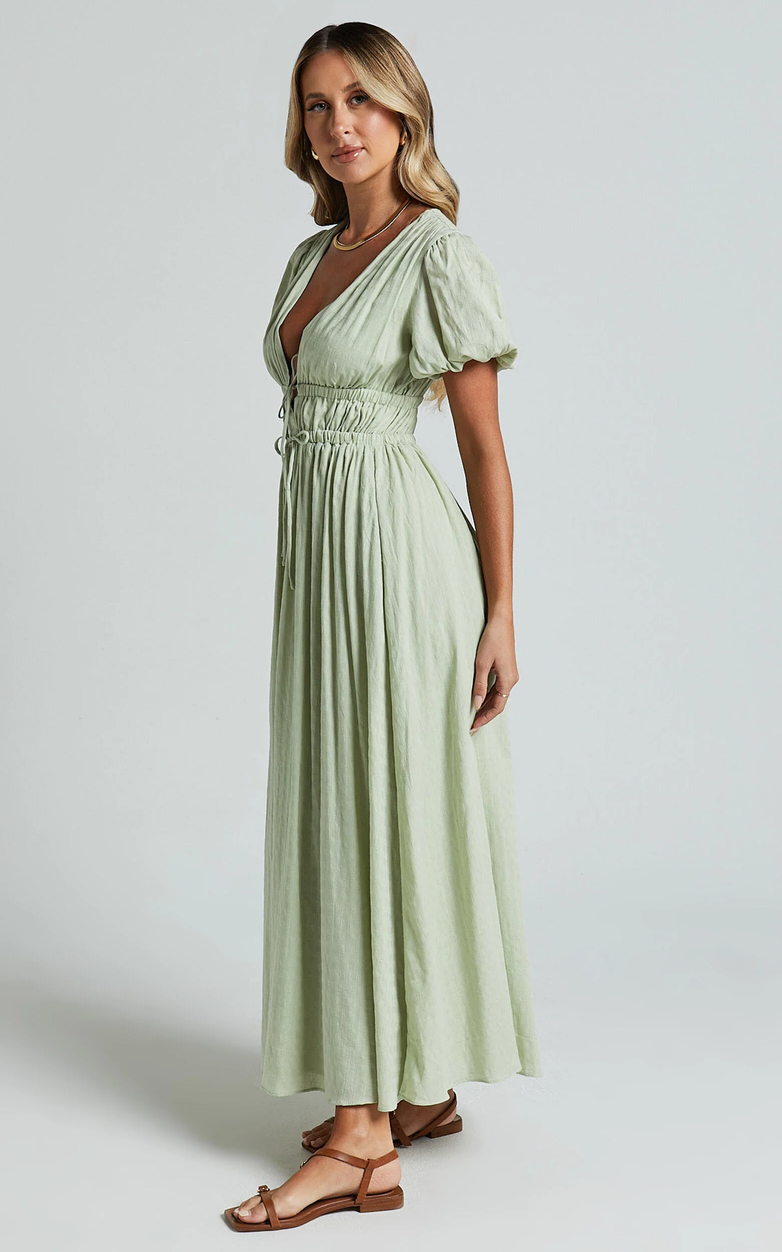 Matteo Midi Dress - Deep V Neck Puff Sleeve Dress in Sage