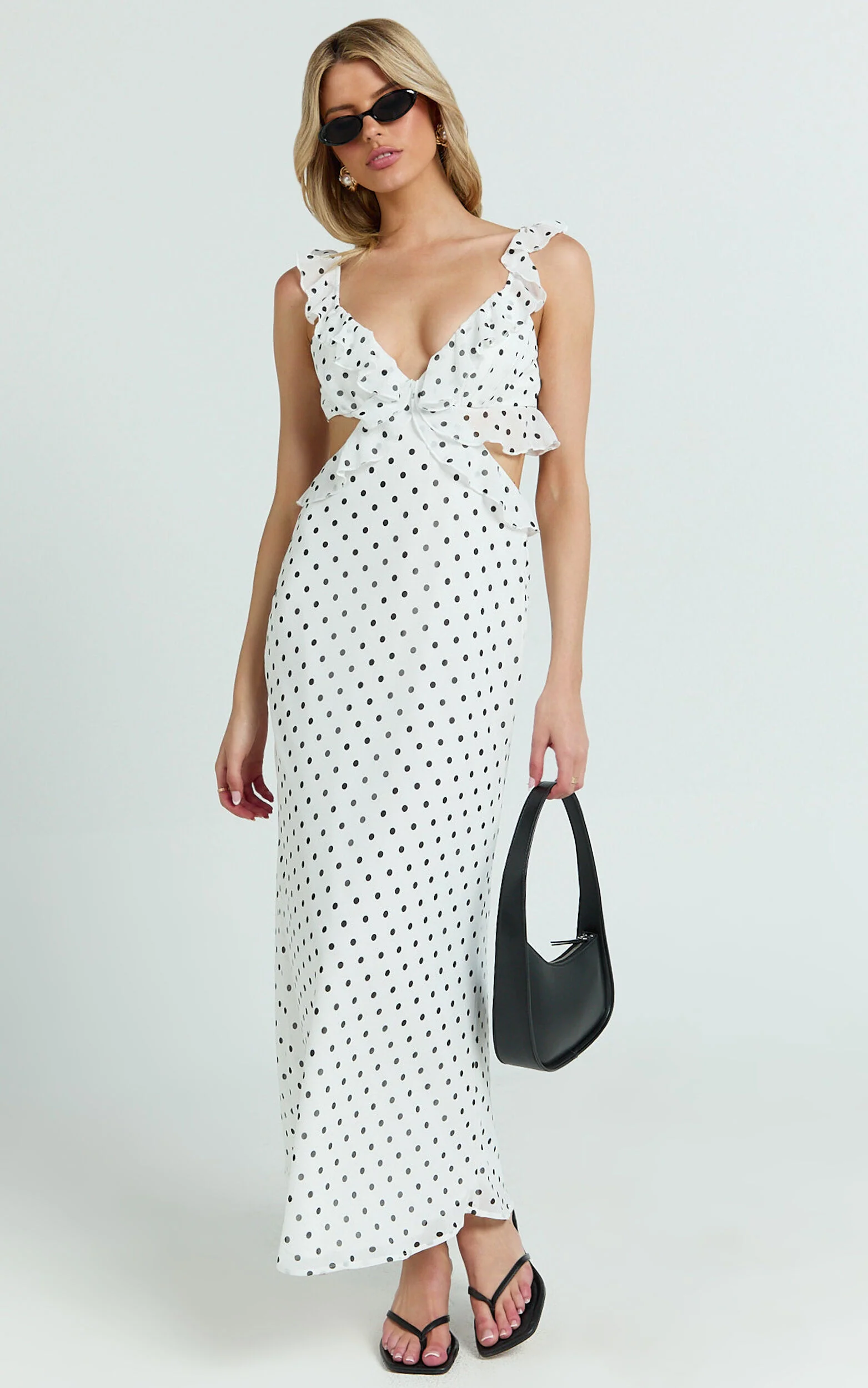 Dahlia Midi Dress - Ruffle Details Slip Dress in White Based Polkadot