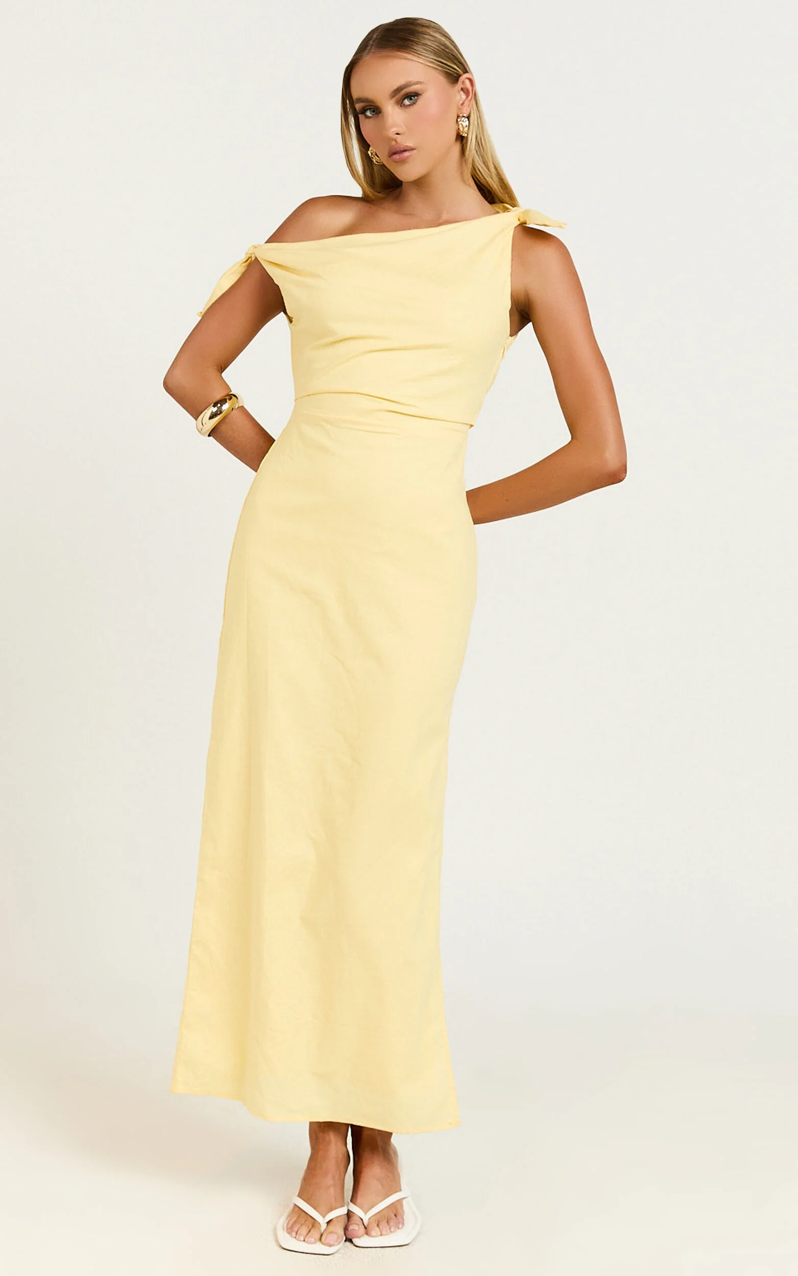 Cincinnati Midi Dress - Off The Shoulder Side Split Column Linen Dress in Lemon