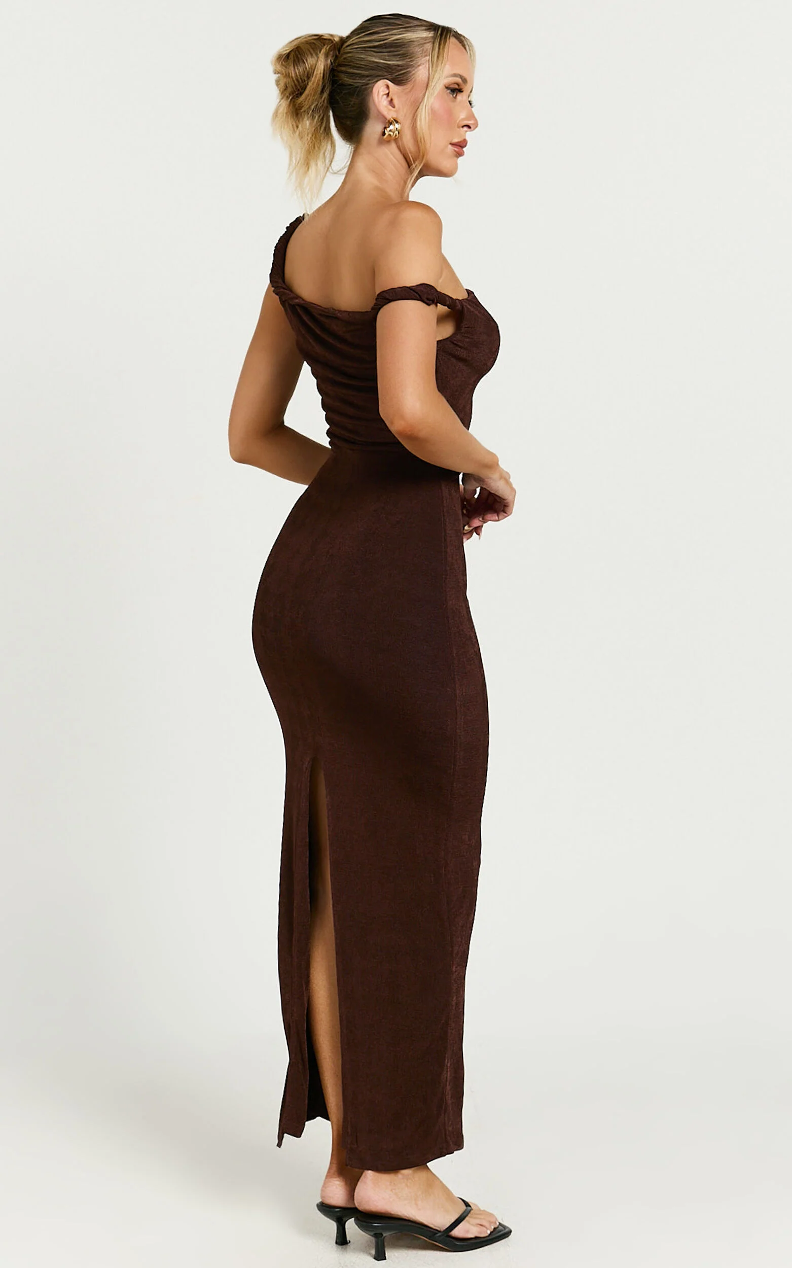 Isabel Midi Dress - Twist Off Shoulder Bodycon Dress in Chocolate