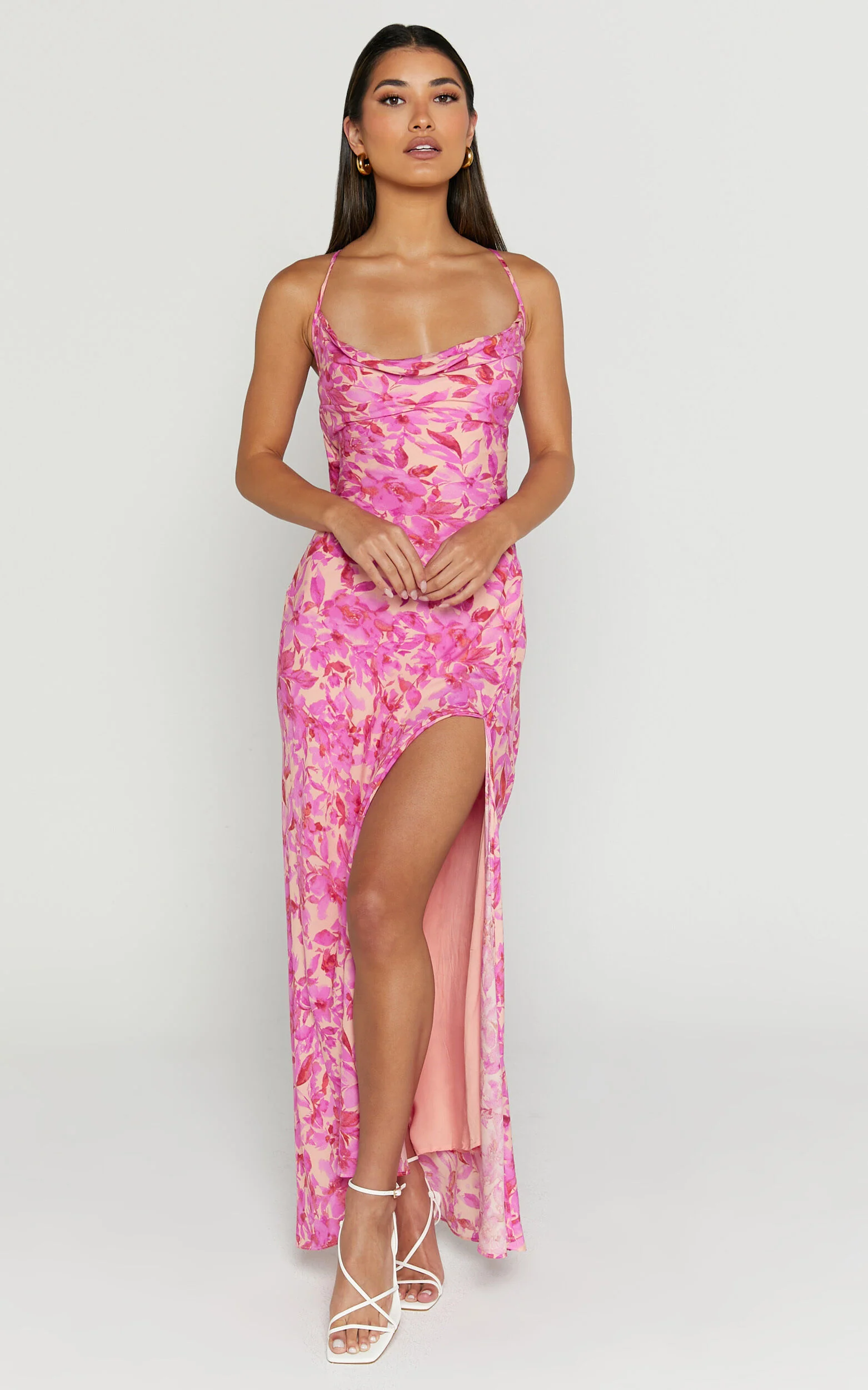Manuella Maxi Dress - Cowl Neck Slit Slip Dress in Pink