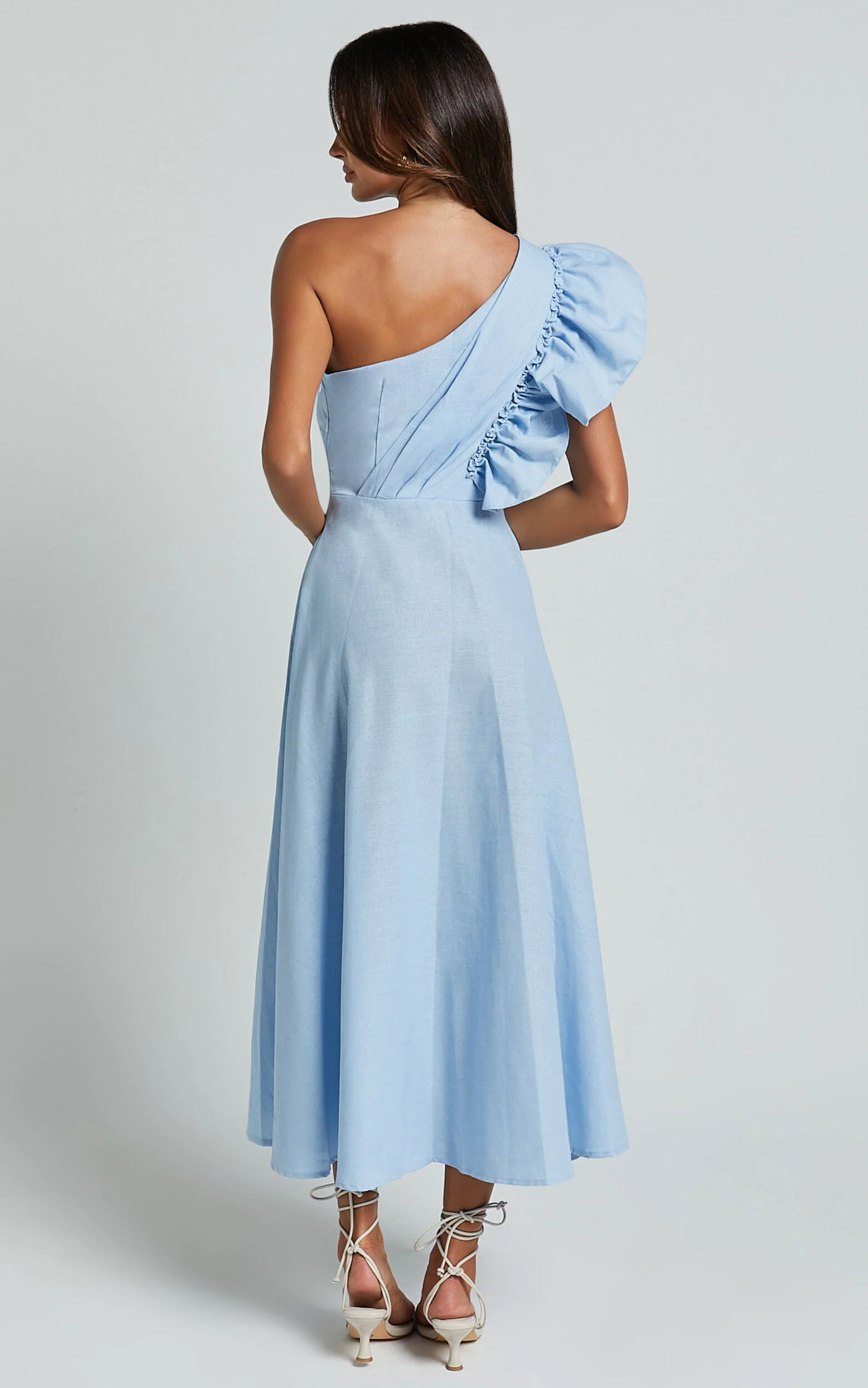 Dixie Midi Dress - Linen Look One Shoulder Ruffle Dress in Blue