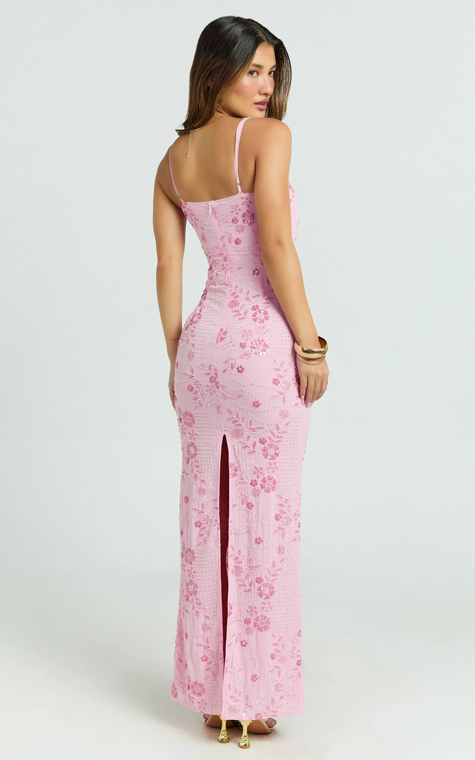 Shari Maxi Dress - Strappy Scoop Neck Column Fitted Sequin Mesh Dress in Pink