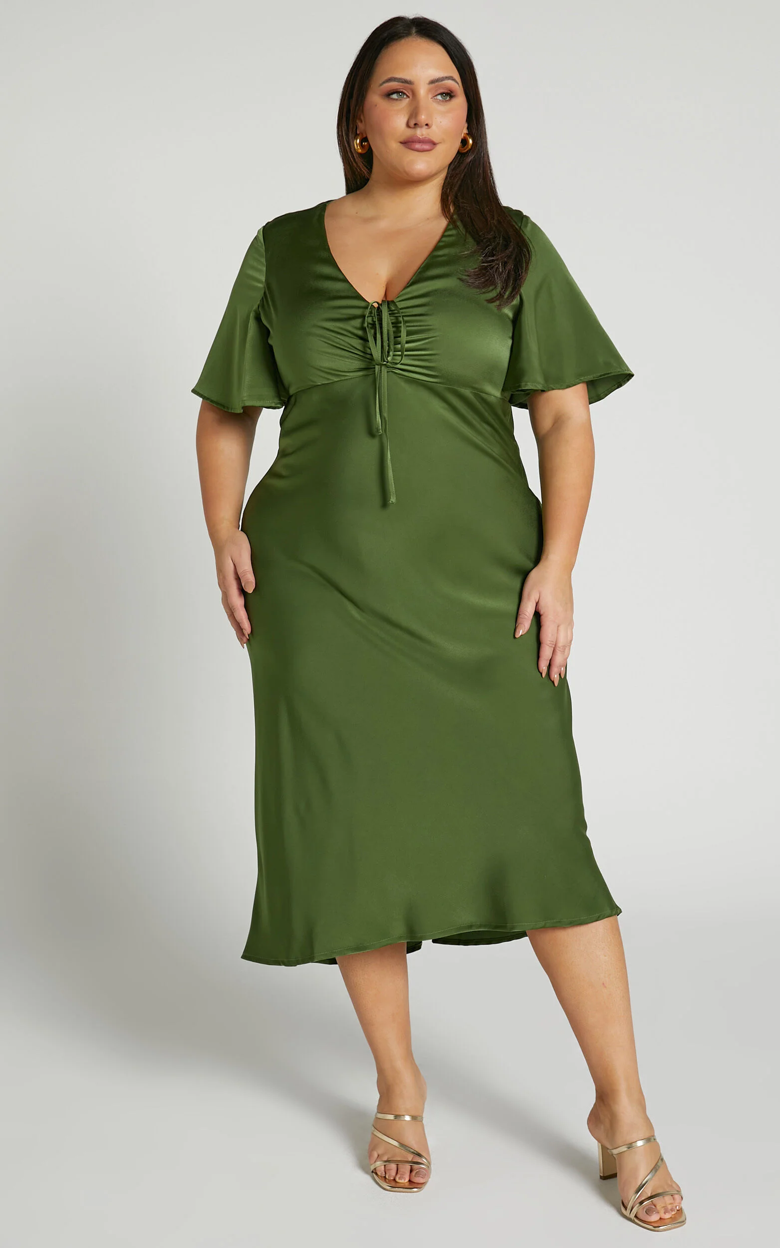 Nicholla Midi Dress - Ruched Front Angel Sleeve Slip Dress in Olive