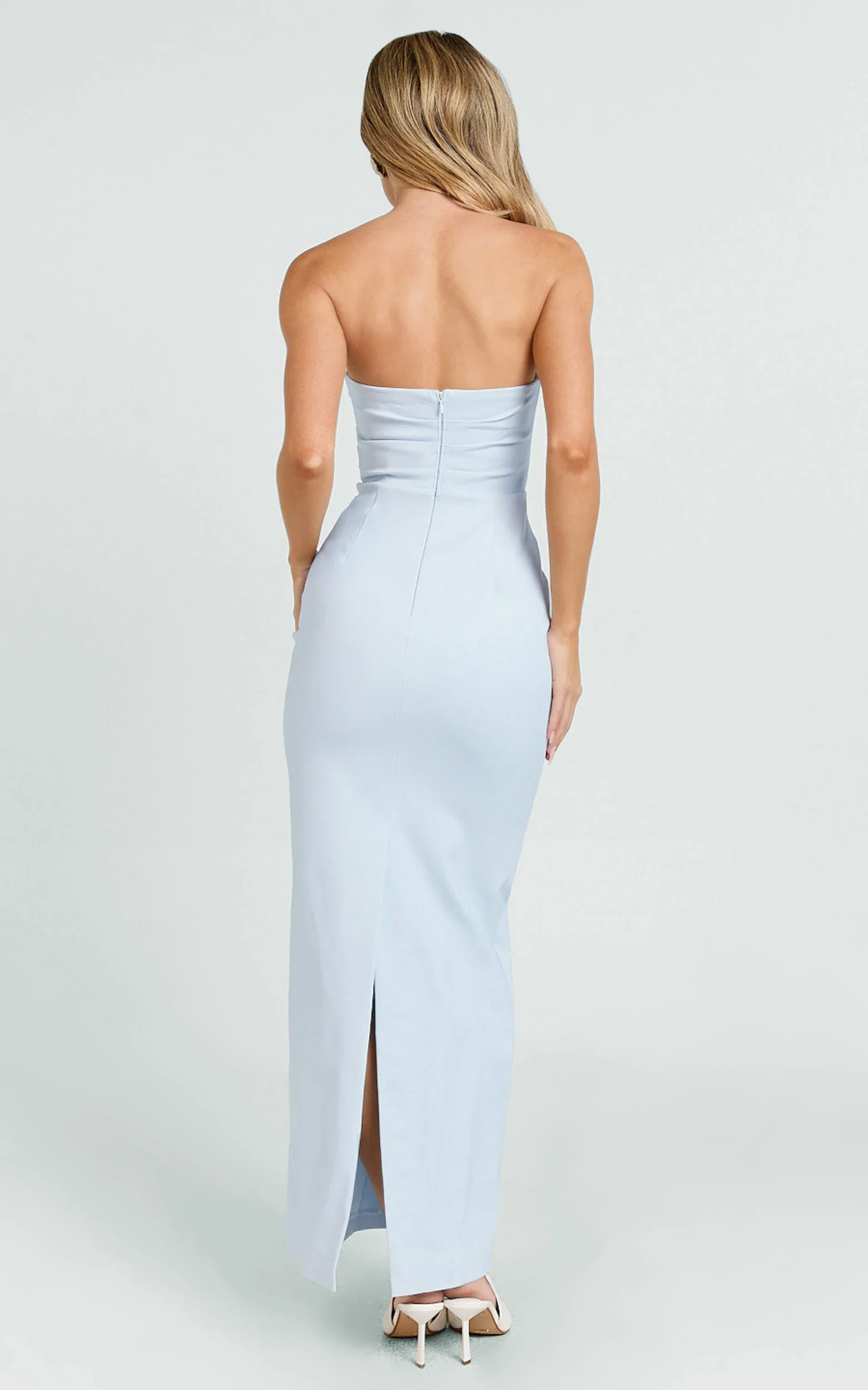 Jamie Midi Dress - Strapless Ruched Fitted Column Dress in Blue