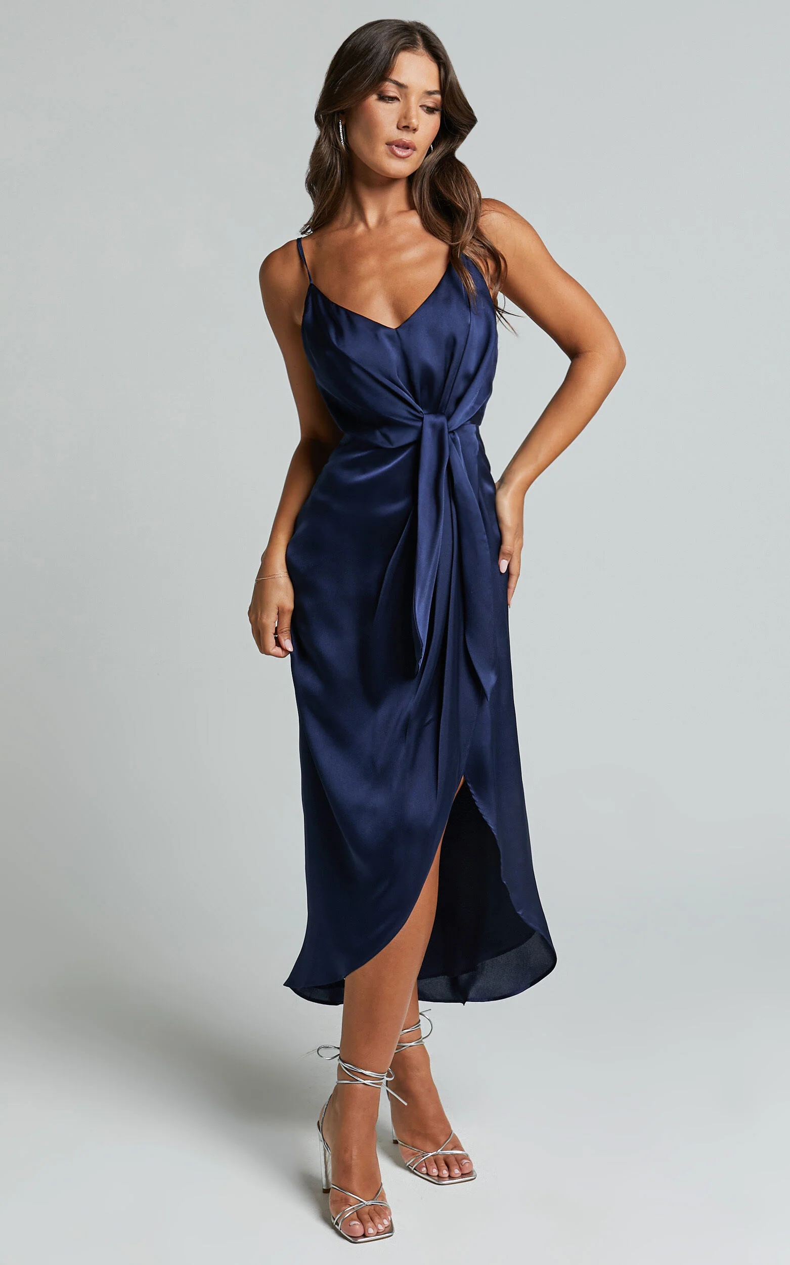 Katie Midi Dress - V Neck Tie Front Detail Dress in Mid Night Blue