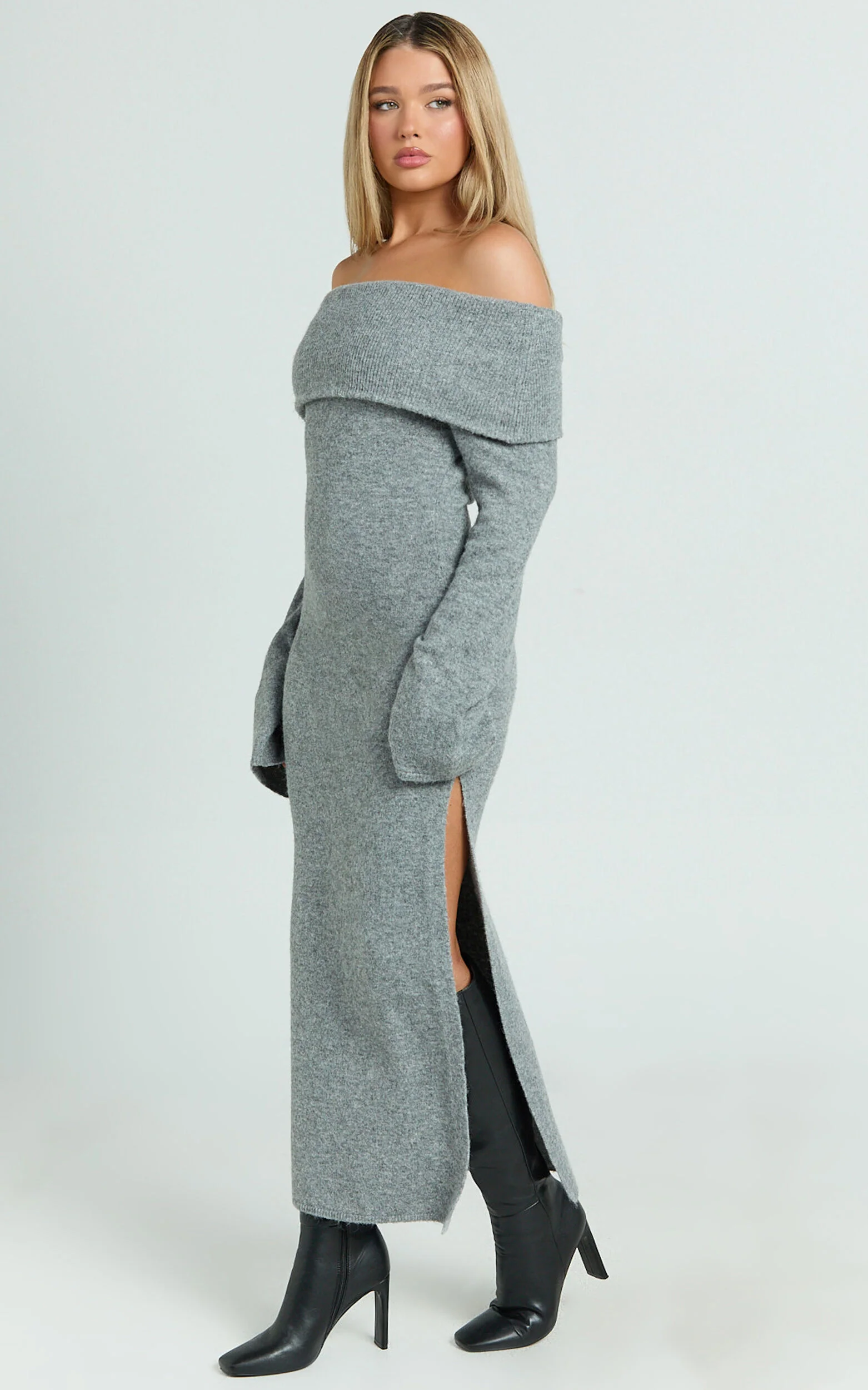 Darcie Midi Dress - Off Shoulder Knitted Long Sleeve Dress in Grey Marle