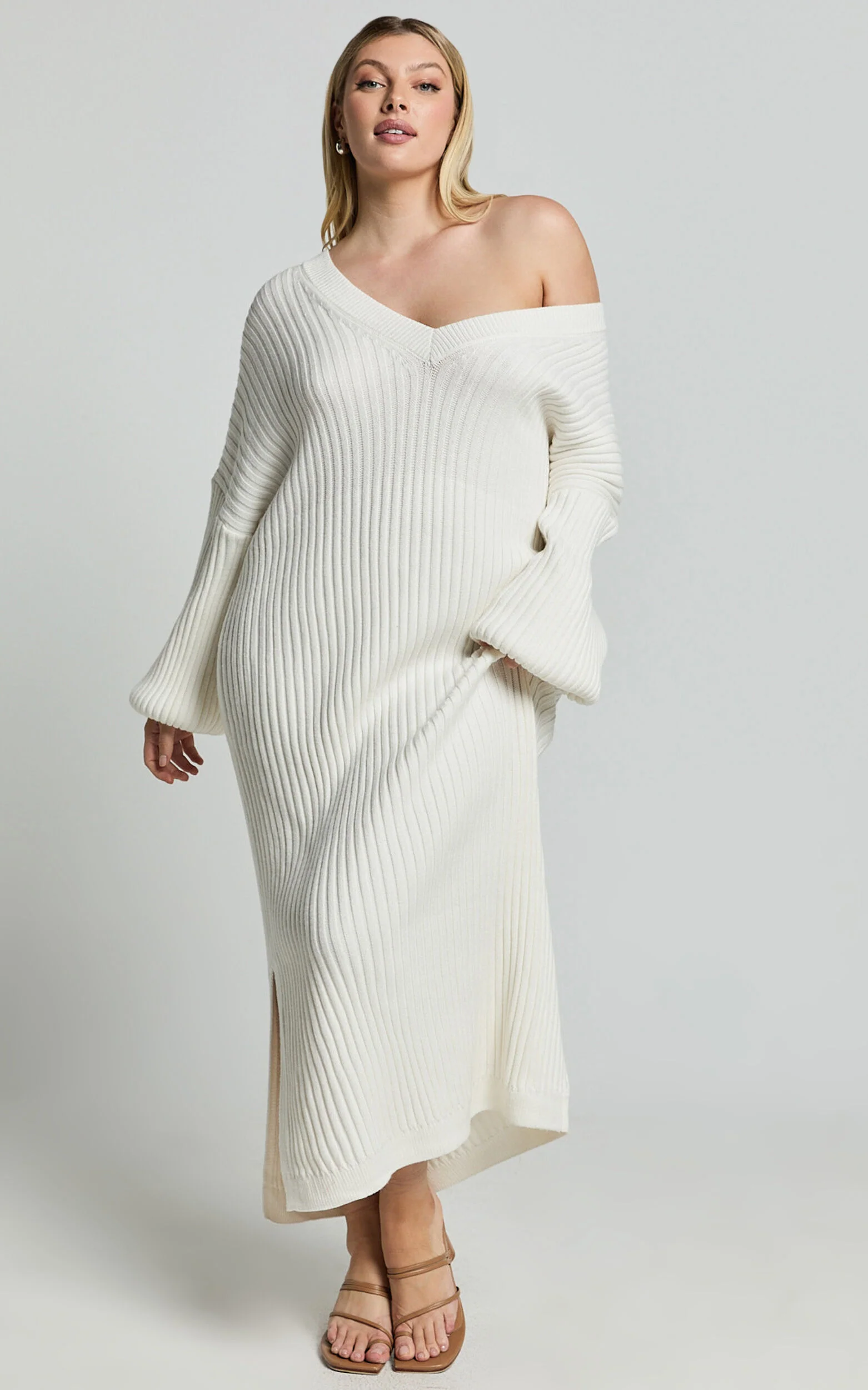 Kartia Midi Dress - V Neck Knit Dress in Off White