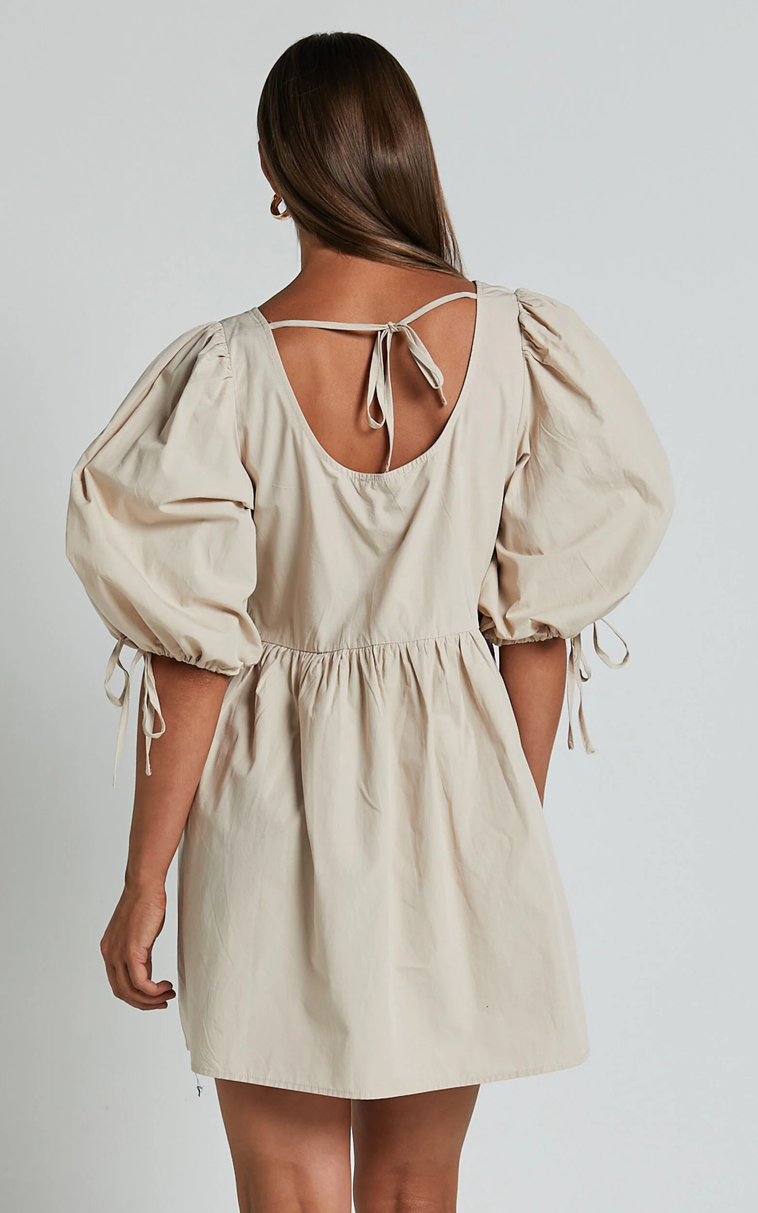 Rosita Mini Dress - Tie Front Puff Sleeve Dress in Stone